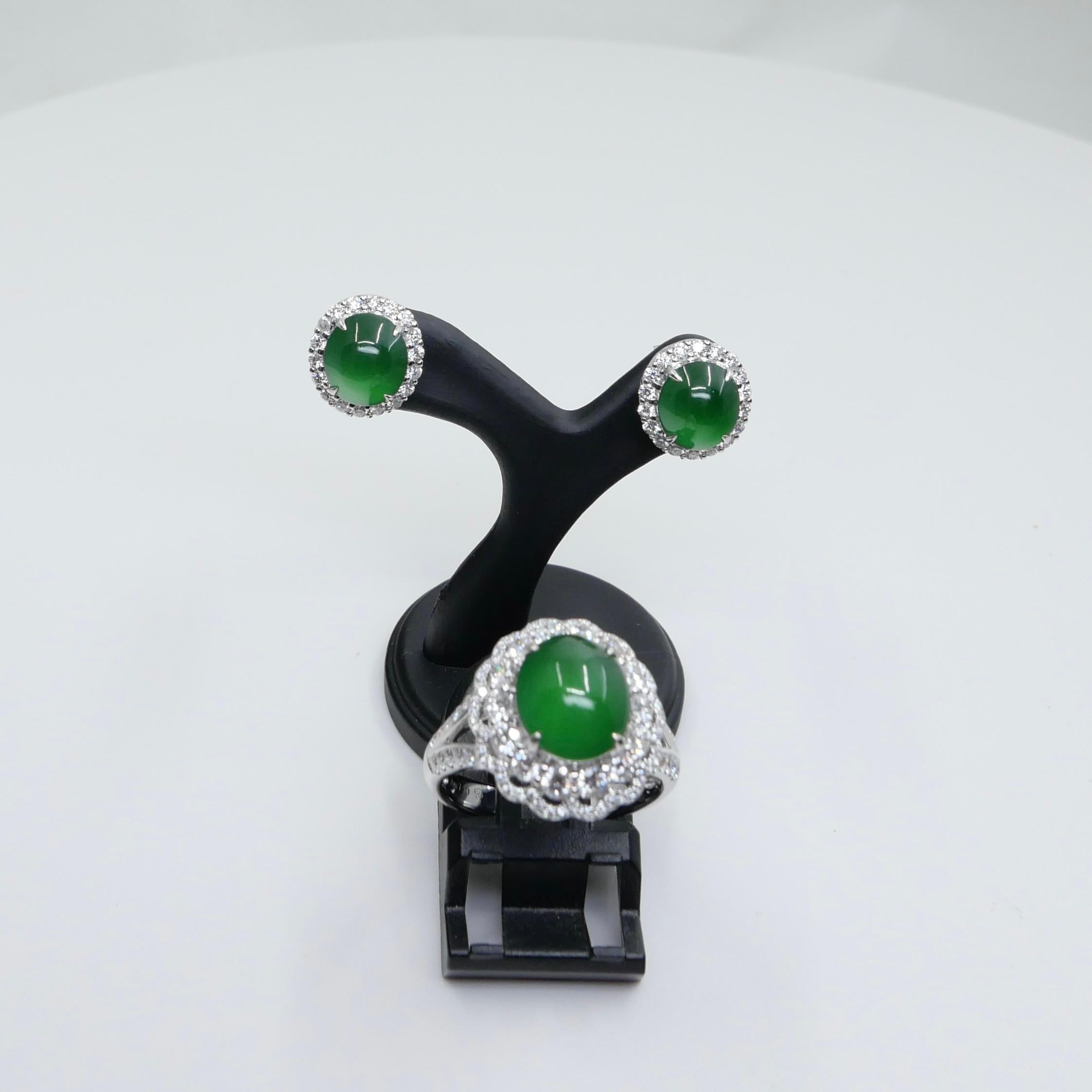 Certified Imperial Jade Diamond Stud Earrings & Ring Set. Best Glowing Green  For Sale 10