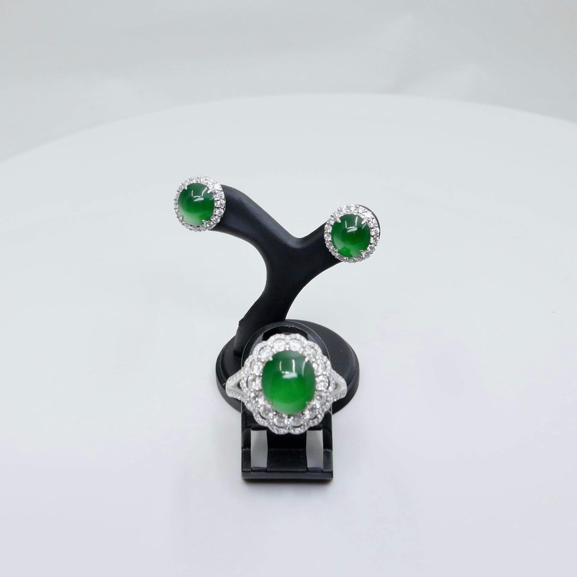 Certified Imperial Jade Diamond Stud Earrings & Ring Set. Best Glowing Green  For Sale 12