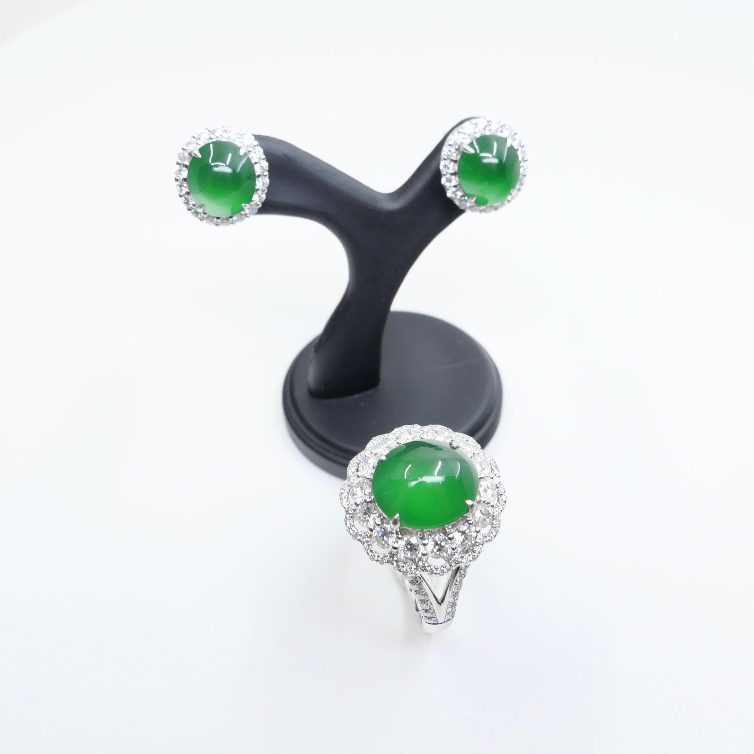 Certified Imperial Jade Diamond Stud Earrings & Ring Set. Best Glowing Green  For Sale 13
