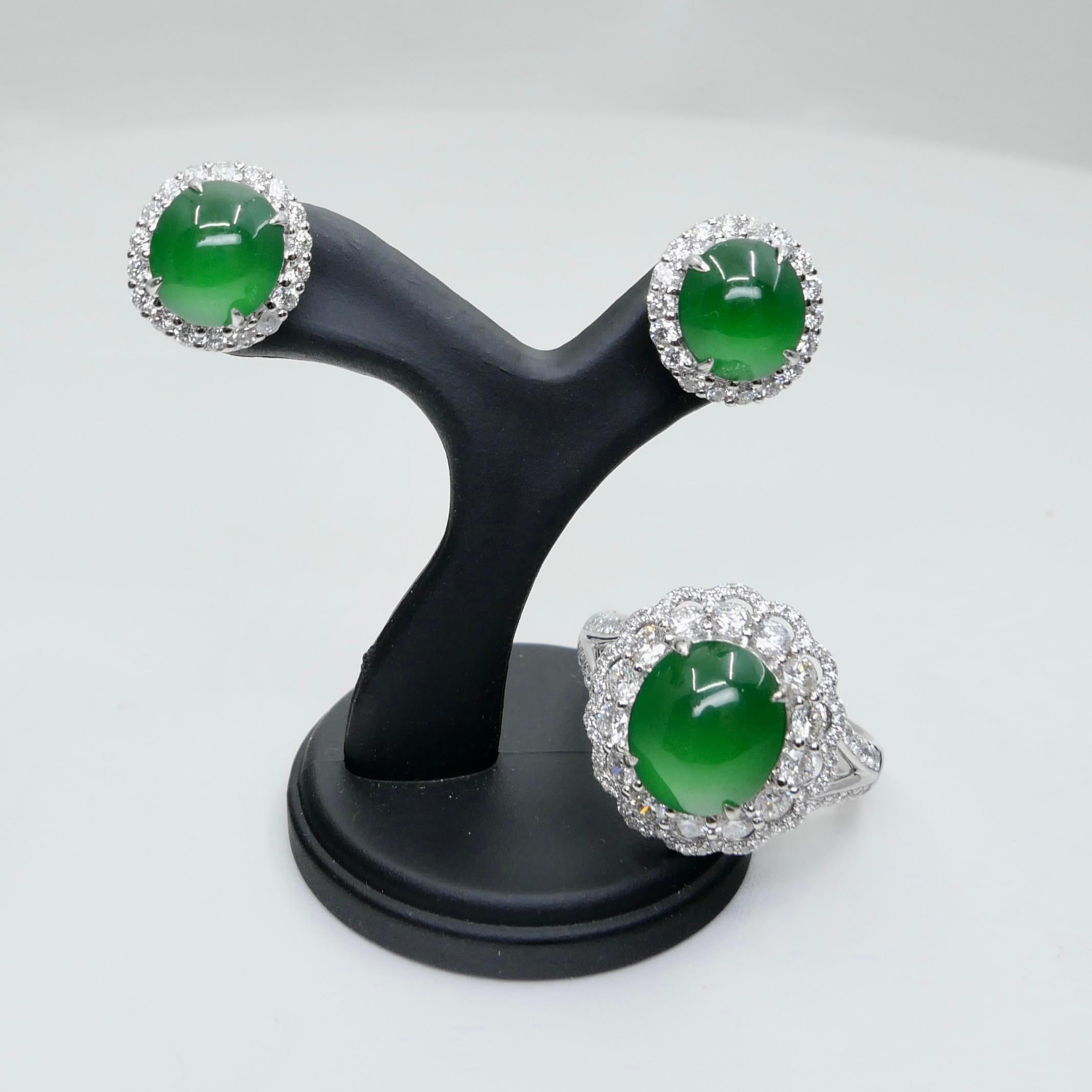 Cabochon Certified Imperial Jade Diamond Stud Earrings & Ring Set. Best Glowing Green  For Sale