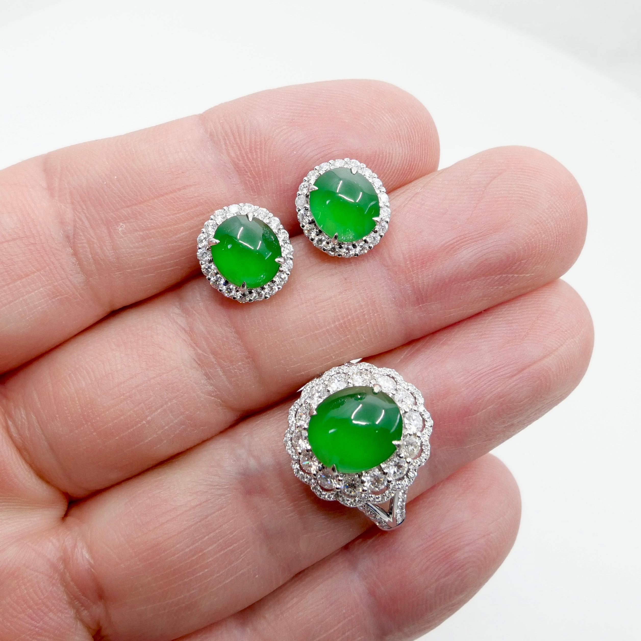 Certified Imperial Jade Diamond Stud Earrings & Ring Set. Best Glowing Green  For Sale 1