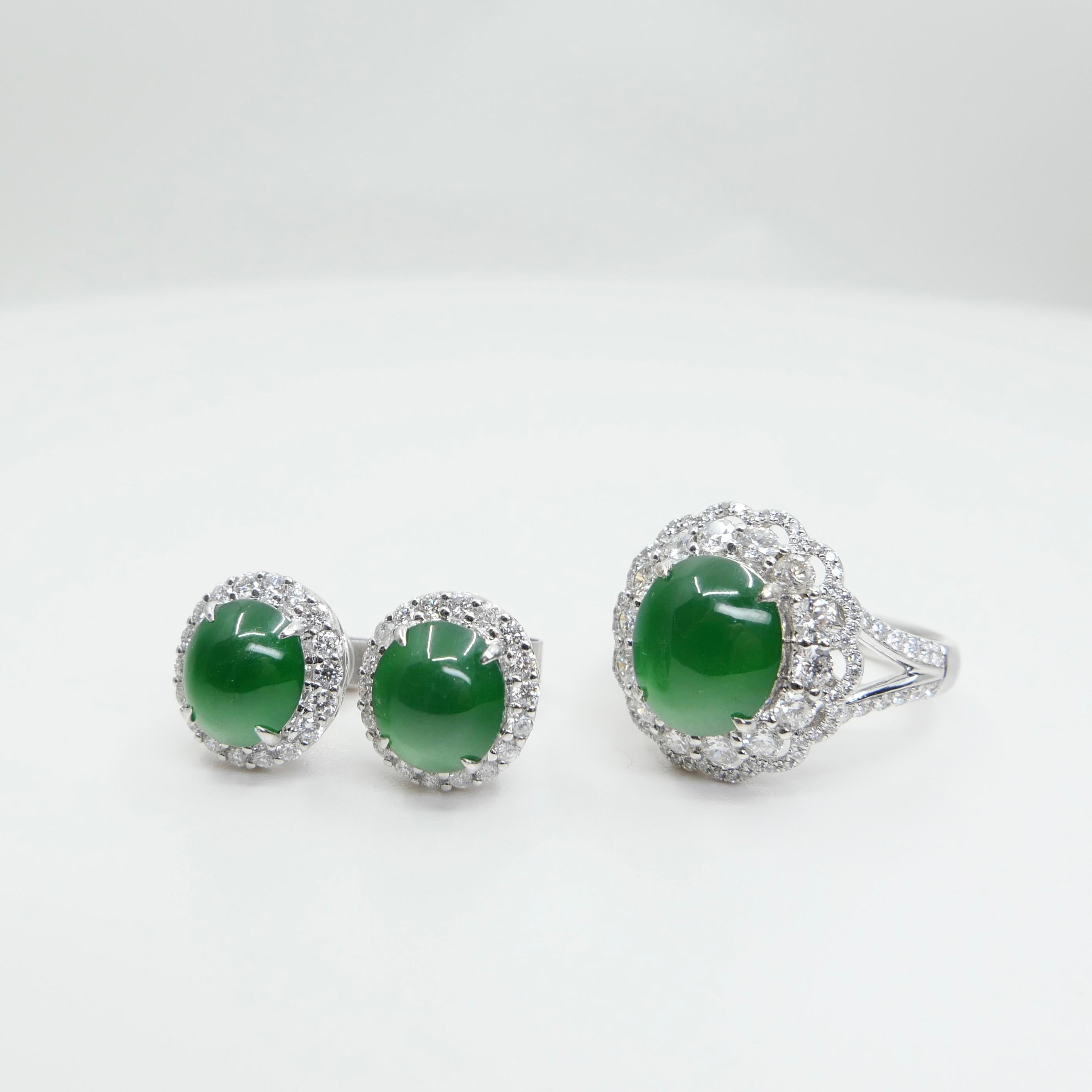 Certified Imperial Jade Diamond Stud Earrings & Ring Set. Best Glowing Green  For Sale 2
