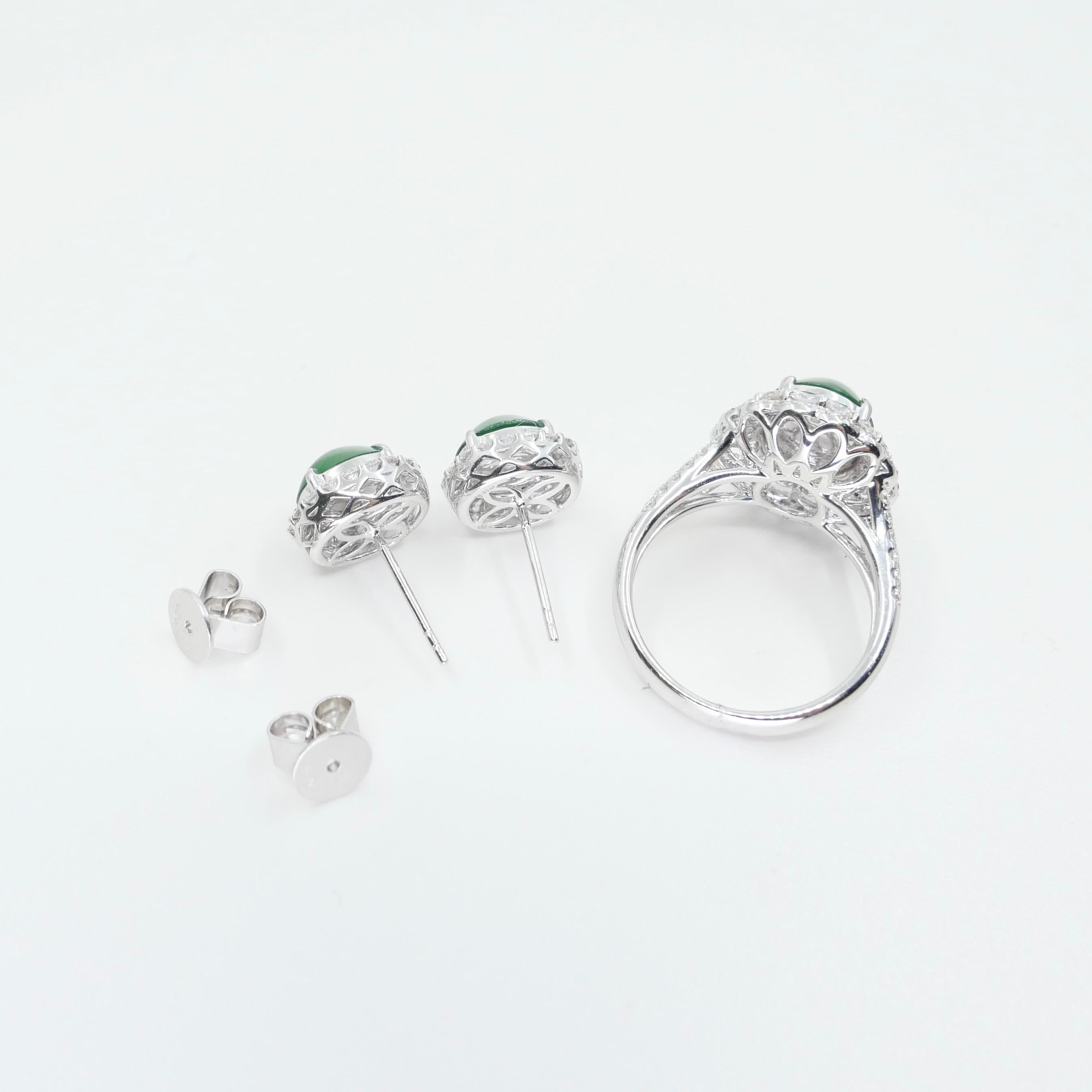 Certified Imperial Jade Diamond Stud Earrings & Ring Set. Best Glowing Green  For Sale 3