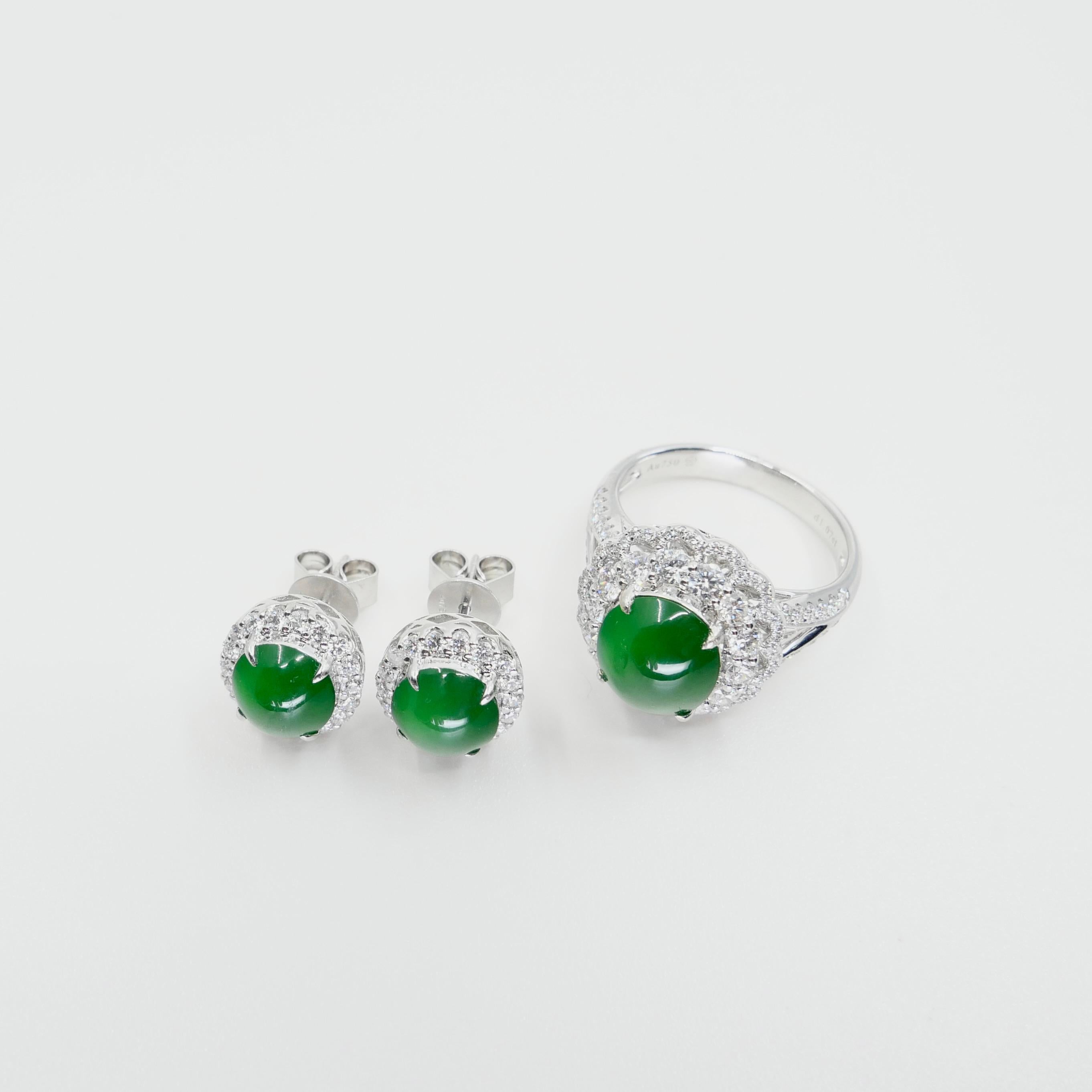 Certified Imperial Jade Diamond Stud Earrings & Ring Set. Best Glowing Green  For Sale 5