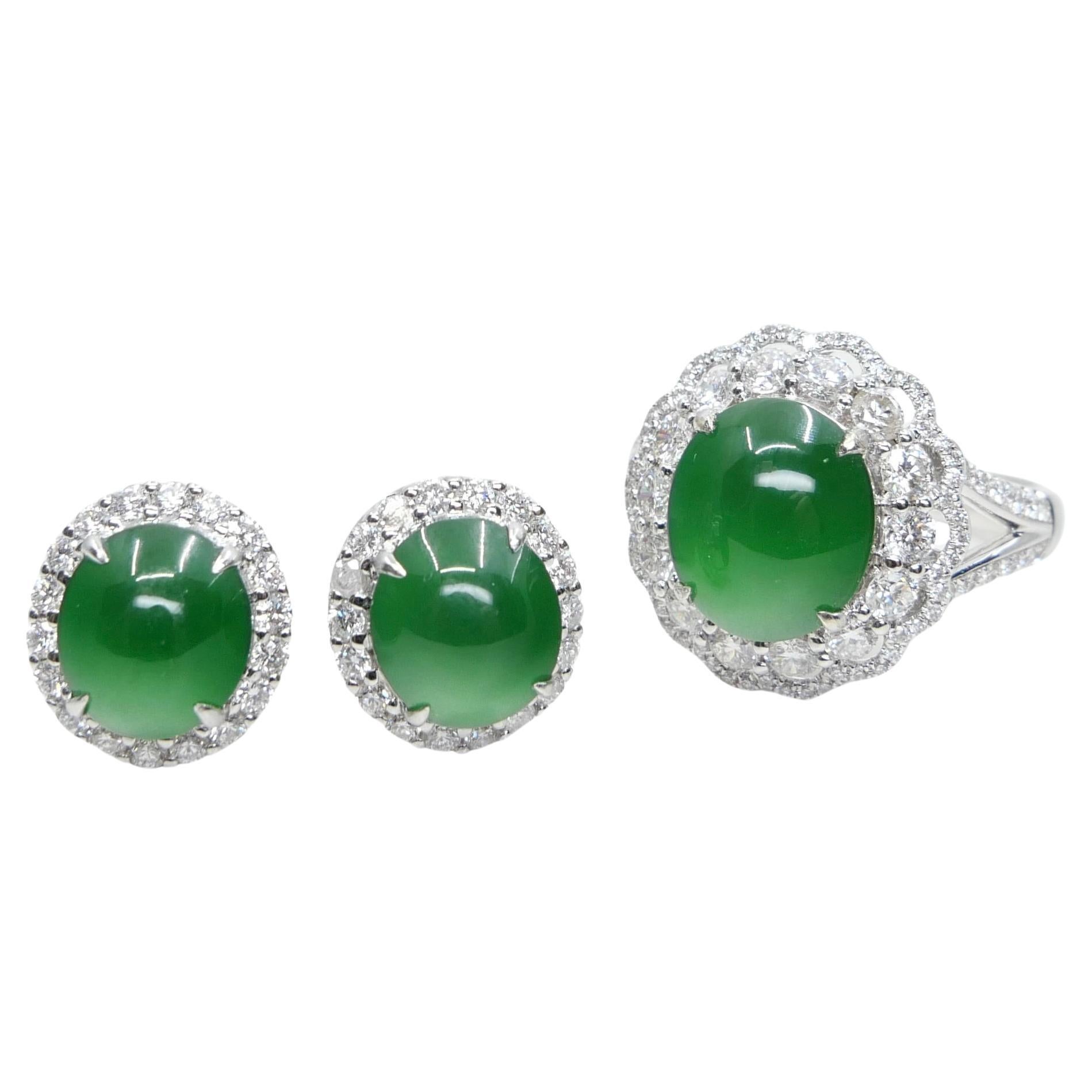 Certified Imperial Jade Diamond Stud Earrings & Ring Set. Best Glowing Green  For Sale