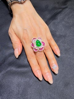 Certified Imperial Jade Gourd, Ruby & Diamond Cocktail Ring, Super Glow. XXL.