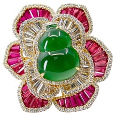 Certified Imperial Jade Gourd, Ruby & Diamond Cocktail Ring, Super Glow. XXL.
