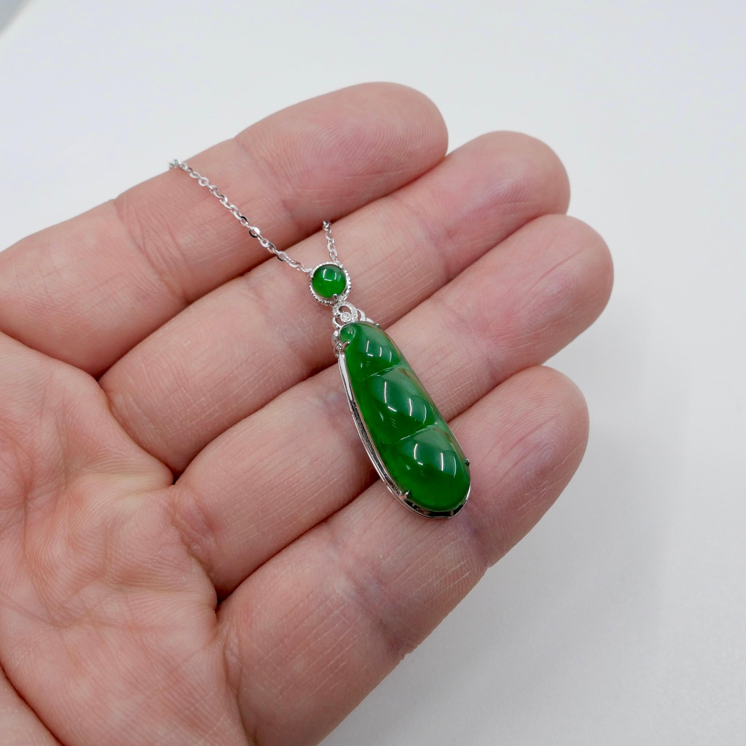 Certified Imperial Jade Peapod & Diamond Pendant Necklace. Collector's Item. For Sale 2