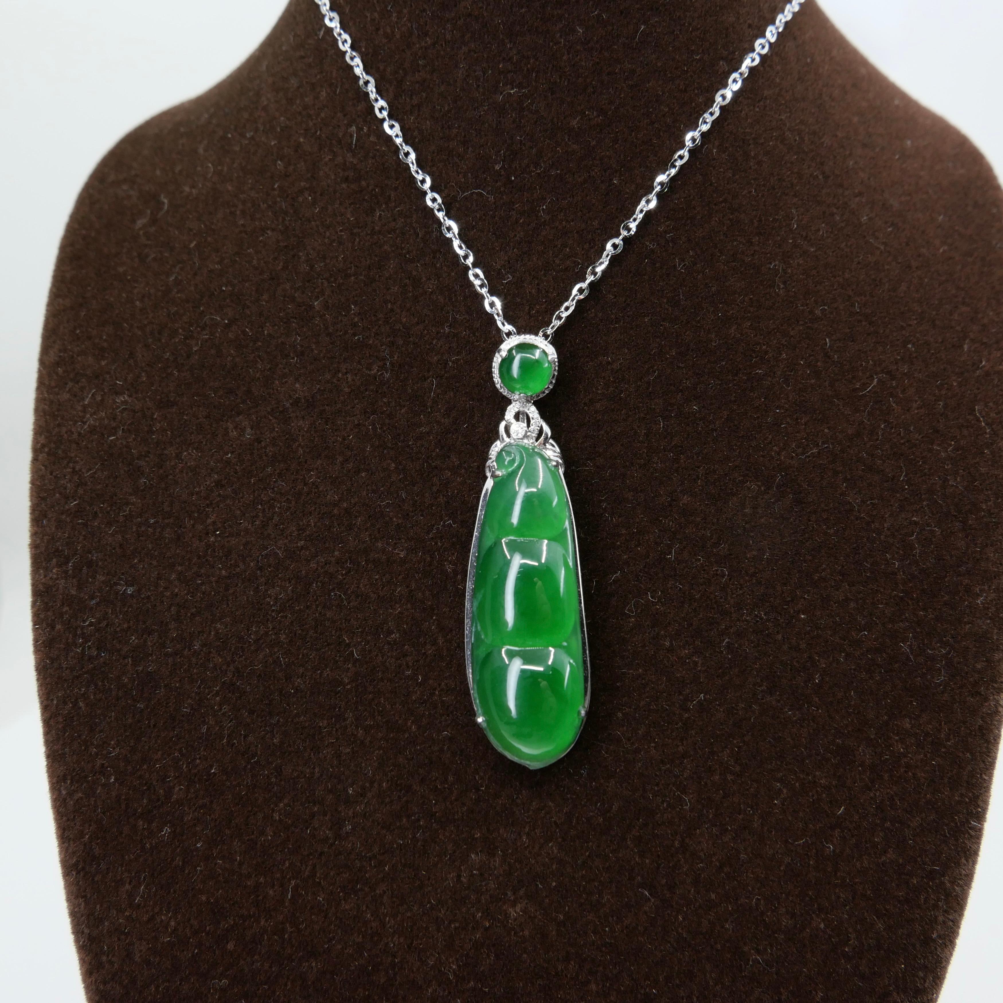 Certified Imperial Jade Peapod & Diamond Pendant Necklace. Collector's Item. For Sale 3