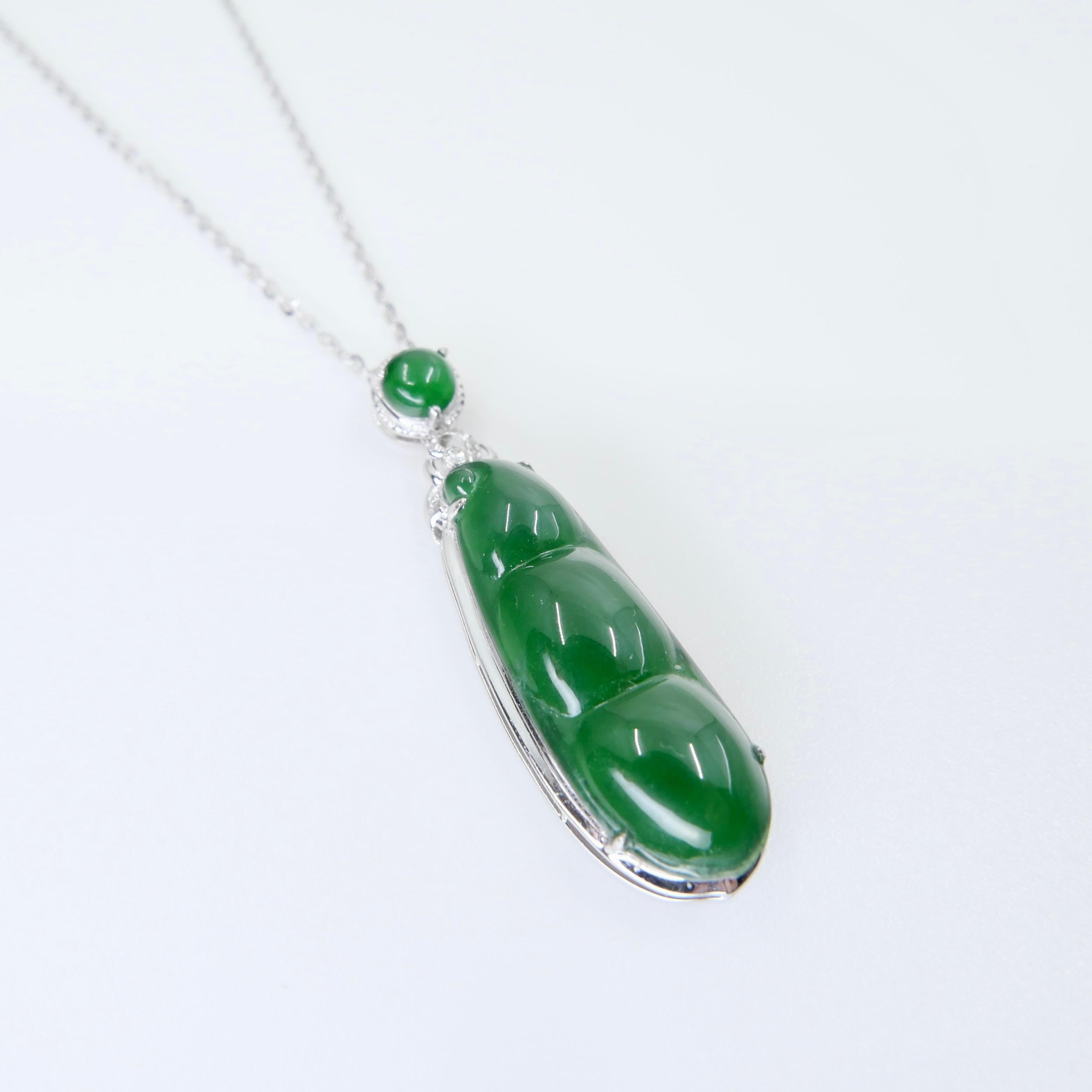 Certified Imperial Jade Peapod & Diamond Pendant Necklace. Collector's Item. For Sale 4