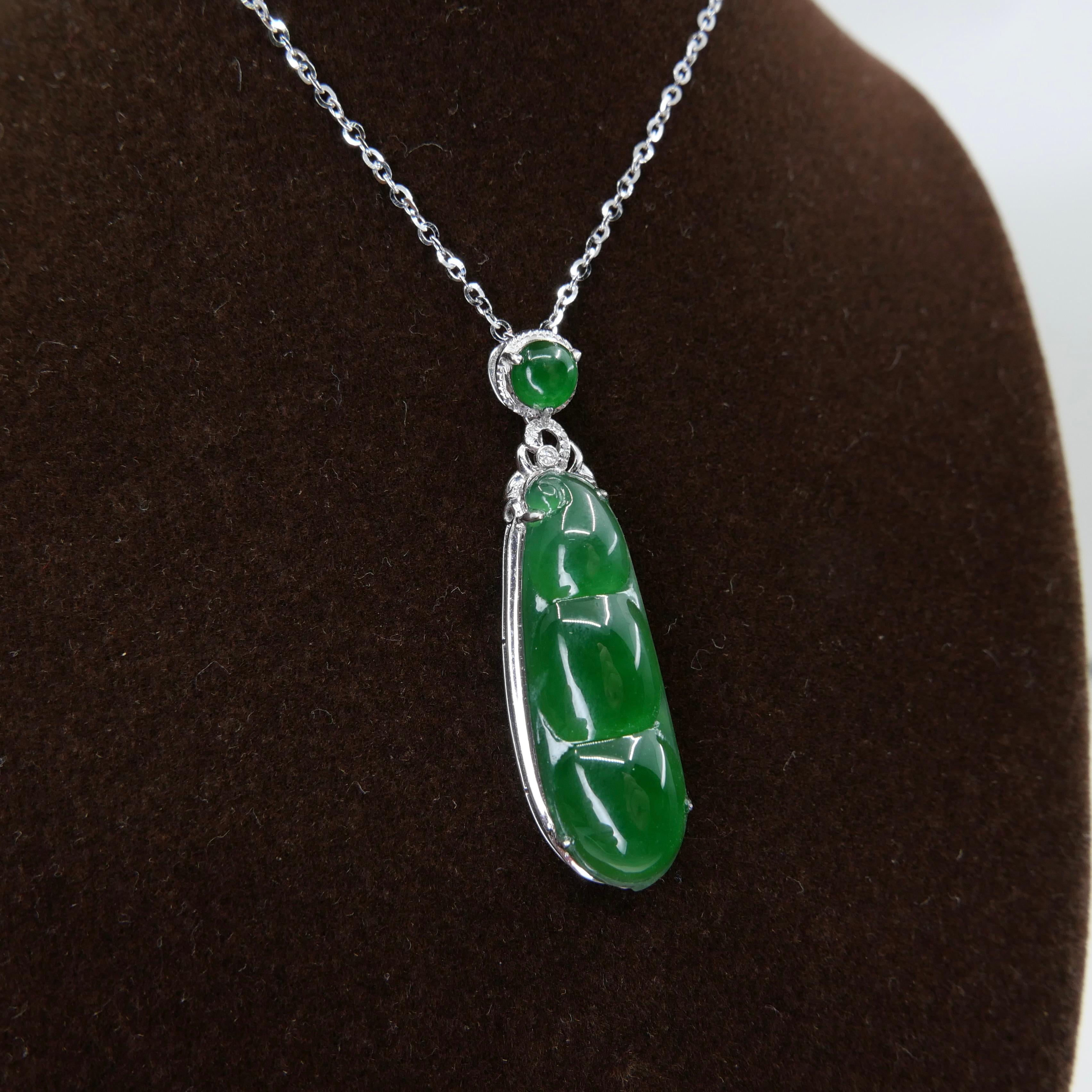Certified Imperial Jade Peapod & Diamond Pendant Necklace. Collector's Item. For Sale 5