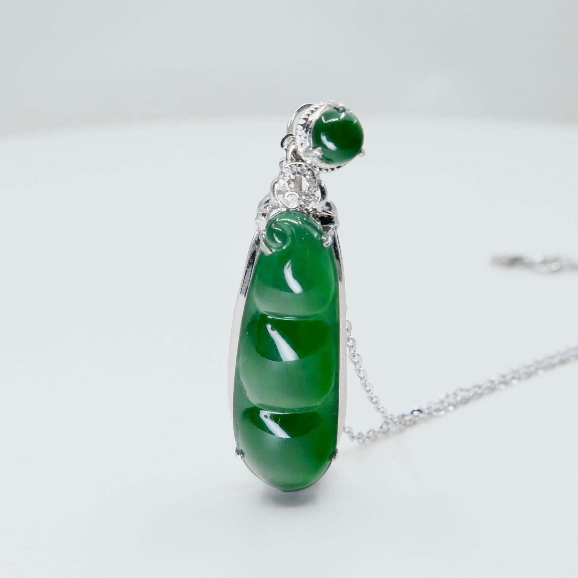 Certified Imperial Jade Peapod & Diamond Pendant Necklace. Collector's Item. For Sale 6