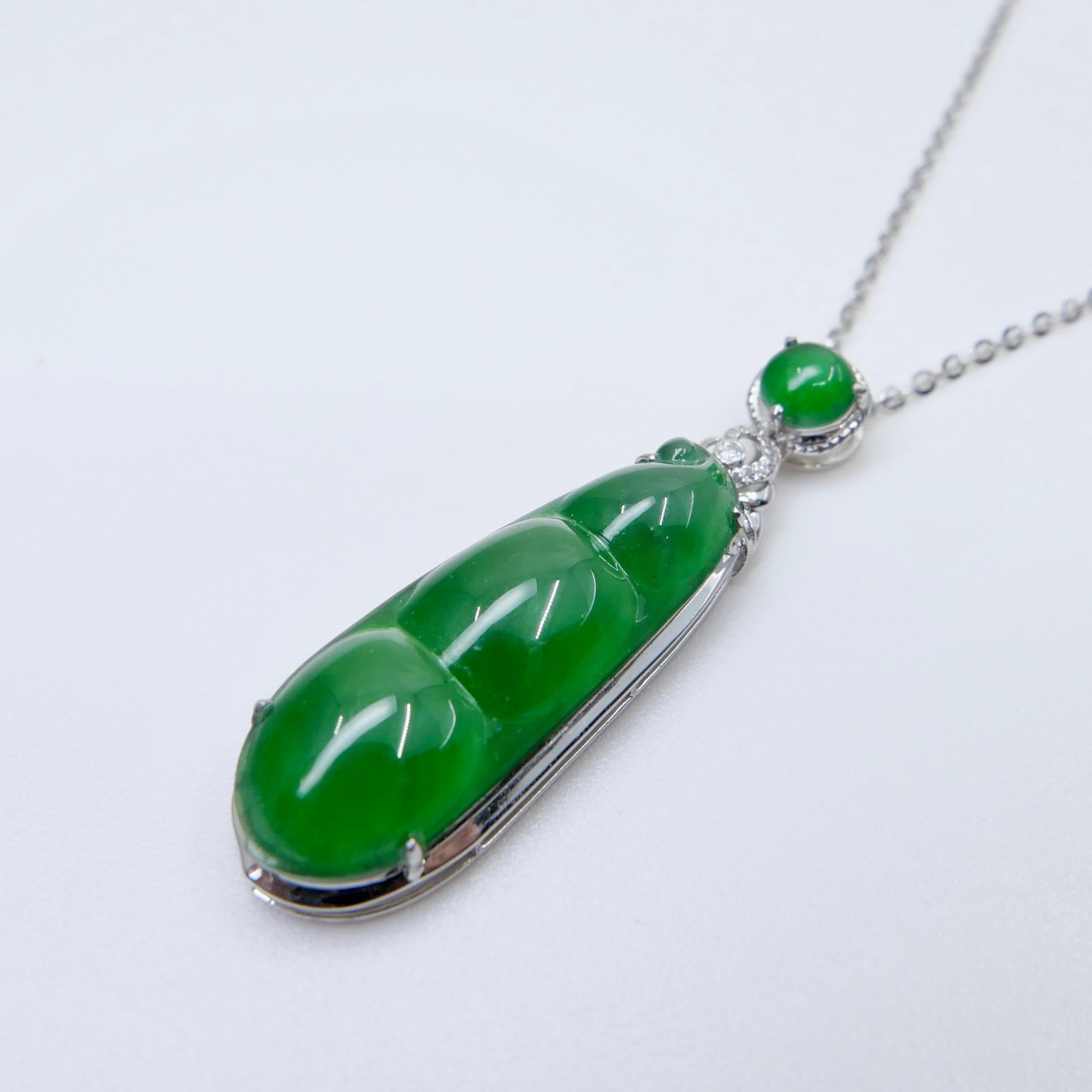 Certified Imperial Jade Peapod & Diamond Pendant Necklace. Collector's Item. For Sale 7