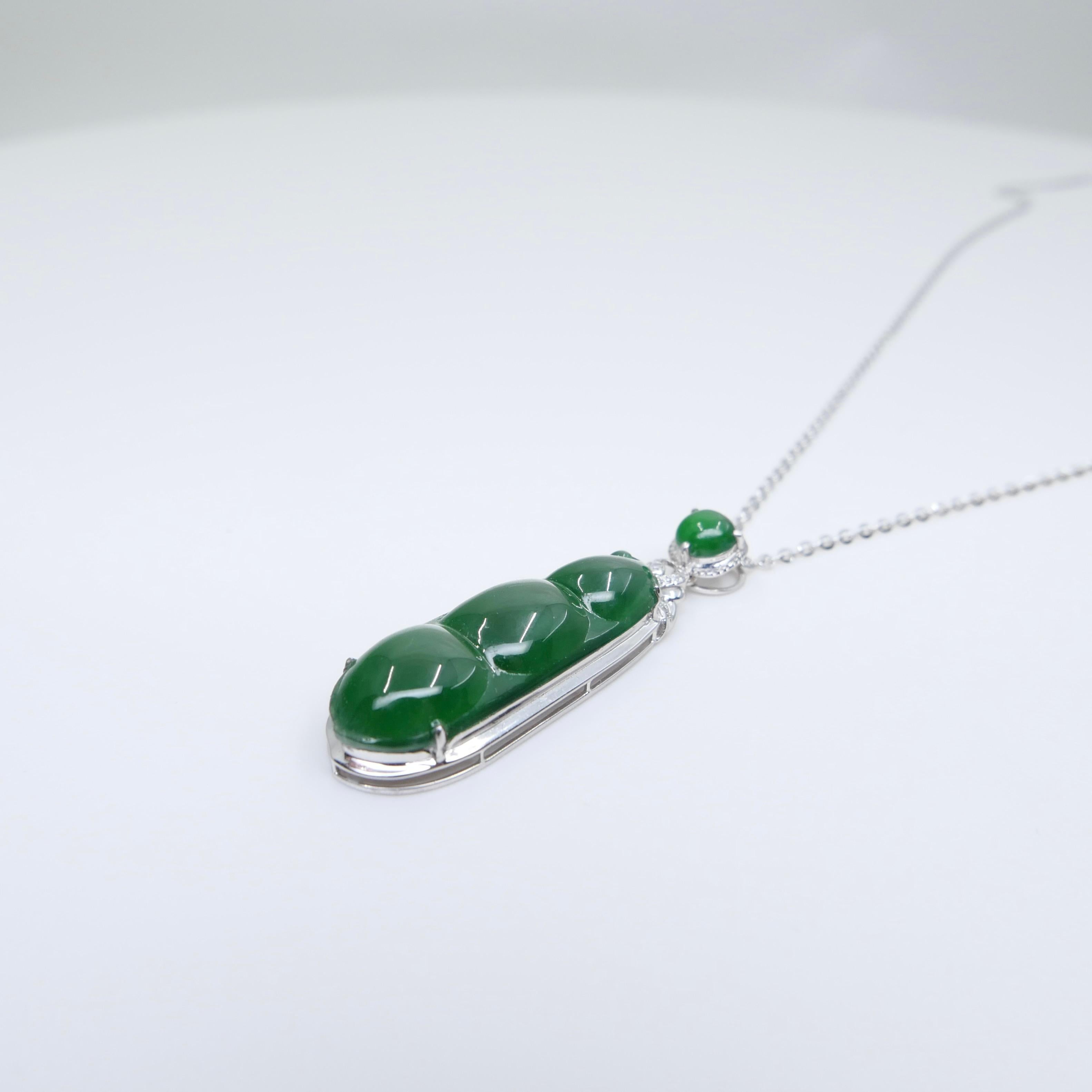 Certified Imperial Jade Peapod & Diamond Pendant Necklace. Collector's Item. For Sale 8