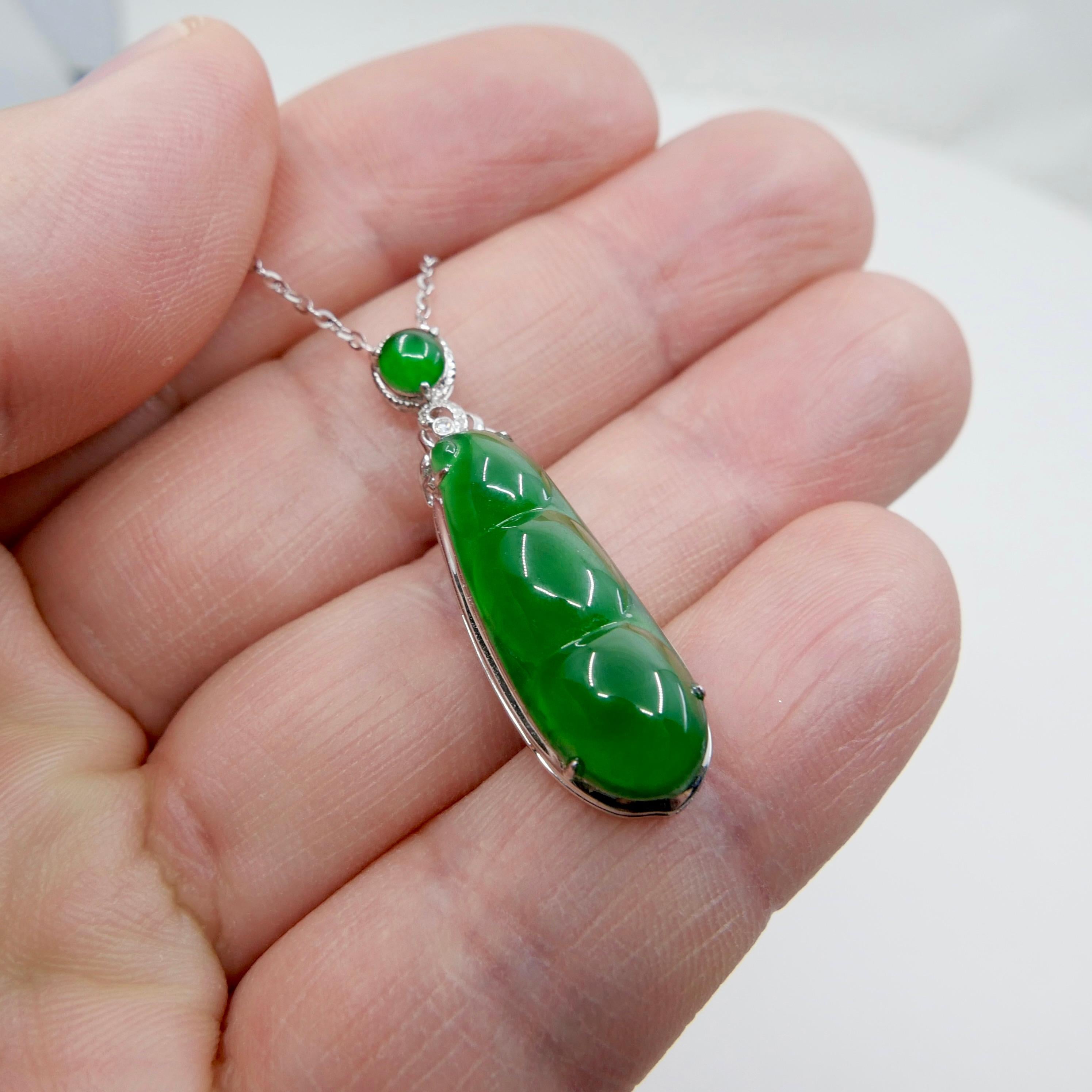 Certified Imperial Jade Peapod & Diamond Pendant Necklace. Collector's Item. For Sale 11