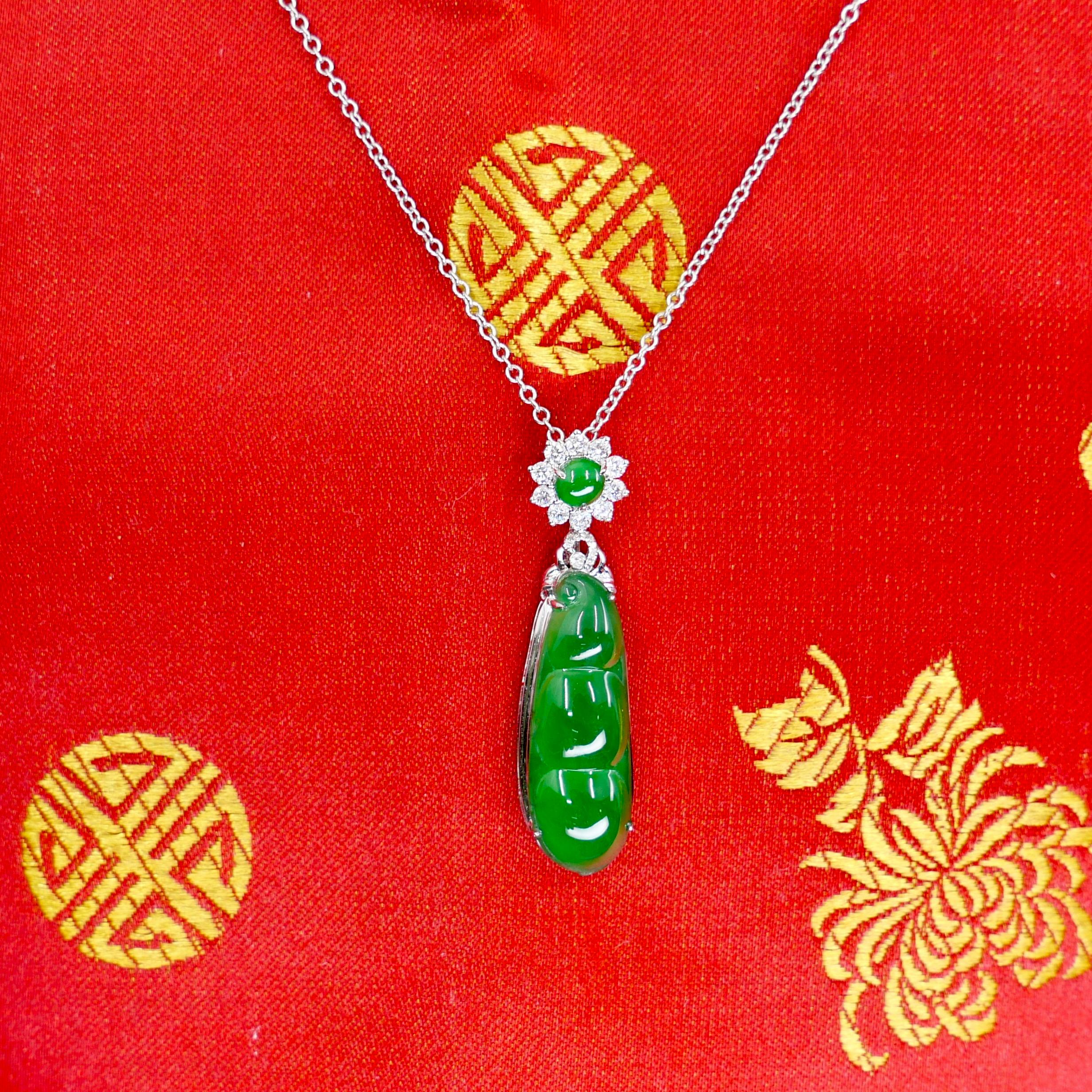 Certified Imperial Jade Peapod & Diamond Pendant Necklace. Collector's Item. For Sale 3