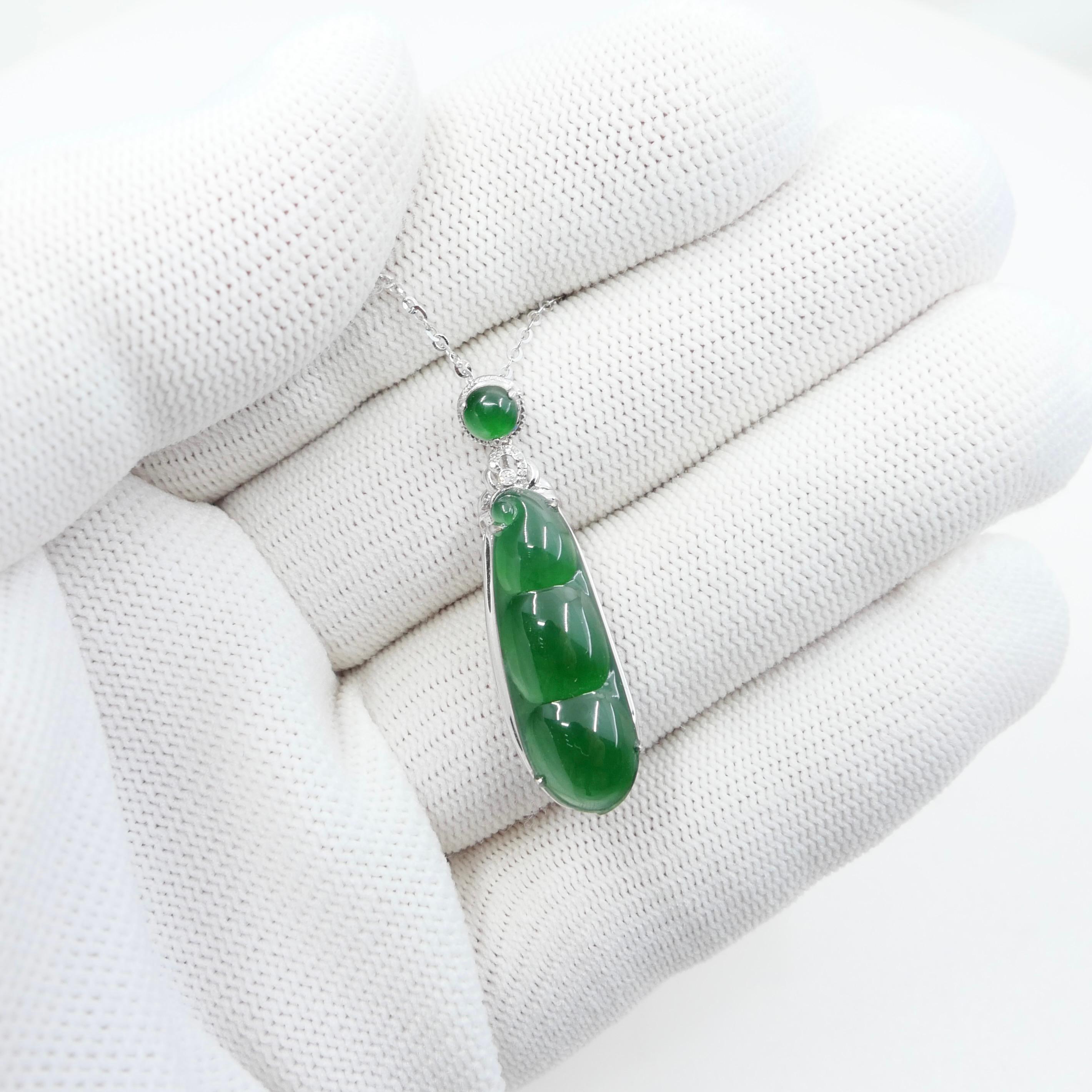 Rough Cut Certified Imperial Jade Peapod & Diamond Pendant Necklace. Collector's Item. For Sale