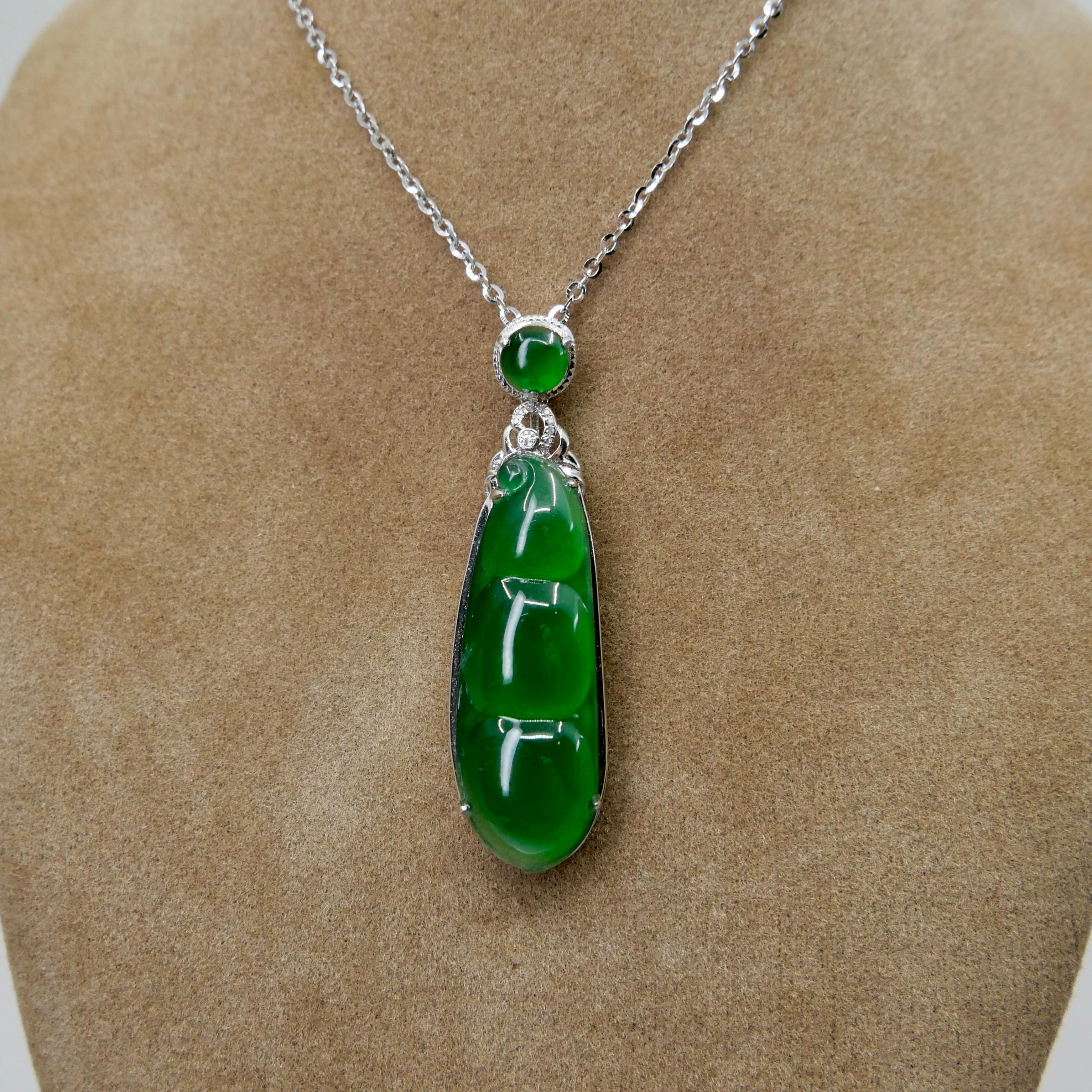 Women's Certified Imperial Jade Peapod & Diamond Pendant Necklace. Collector's Item. For Sale
