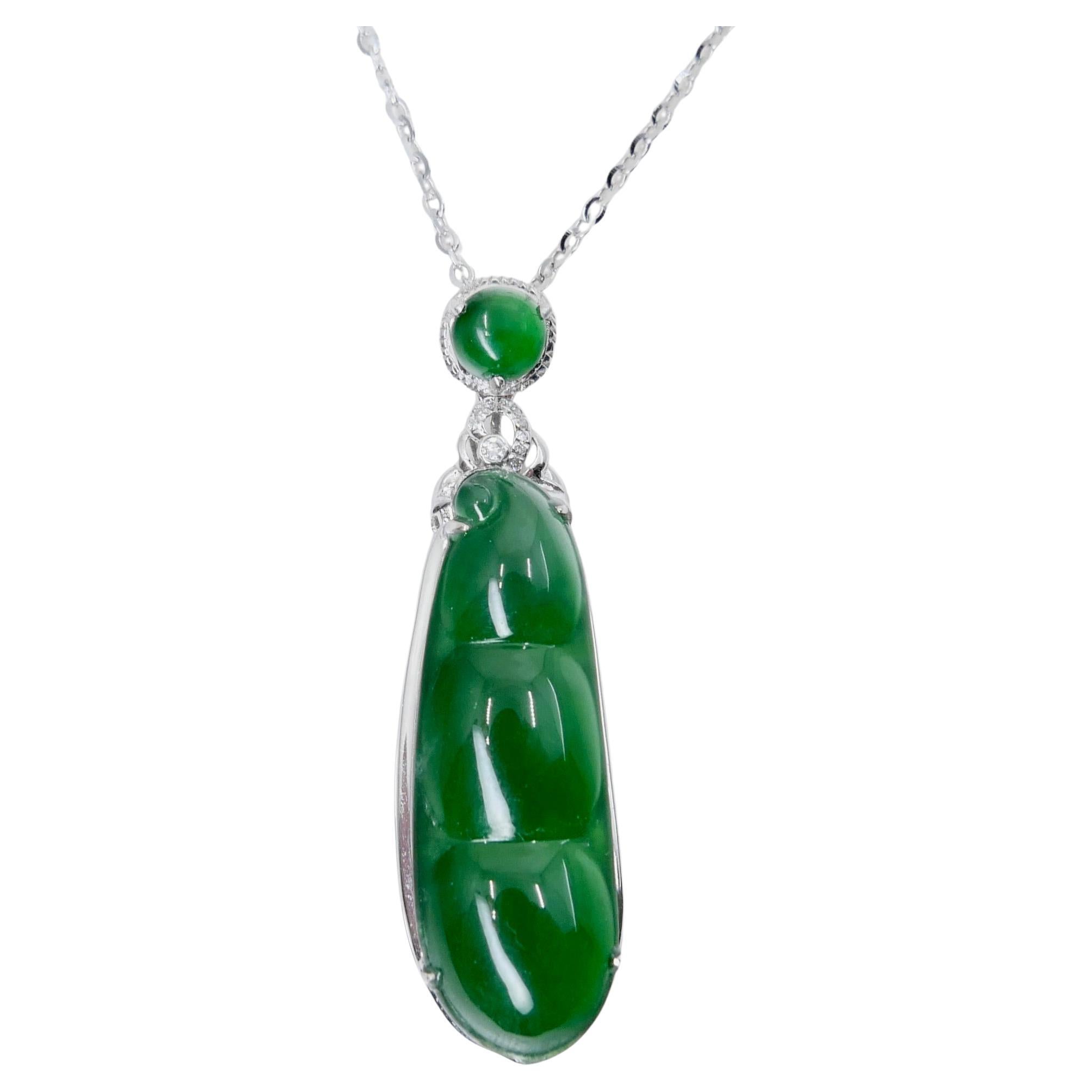 Certified Imperial Jade Peapod & Diamond Pendant Necklace. Collector's Item. For Sale
