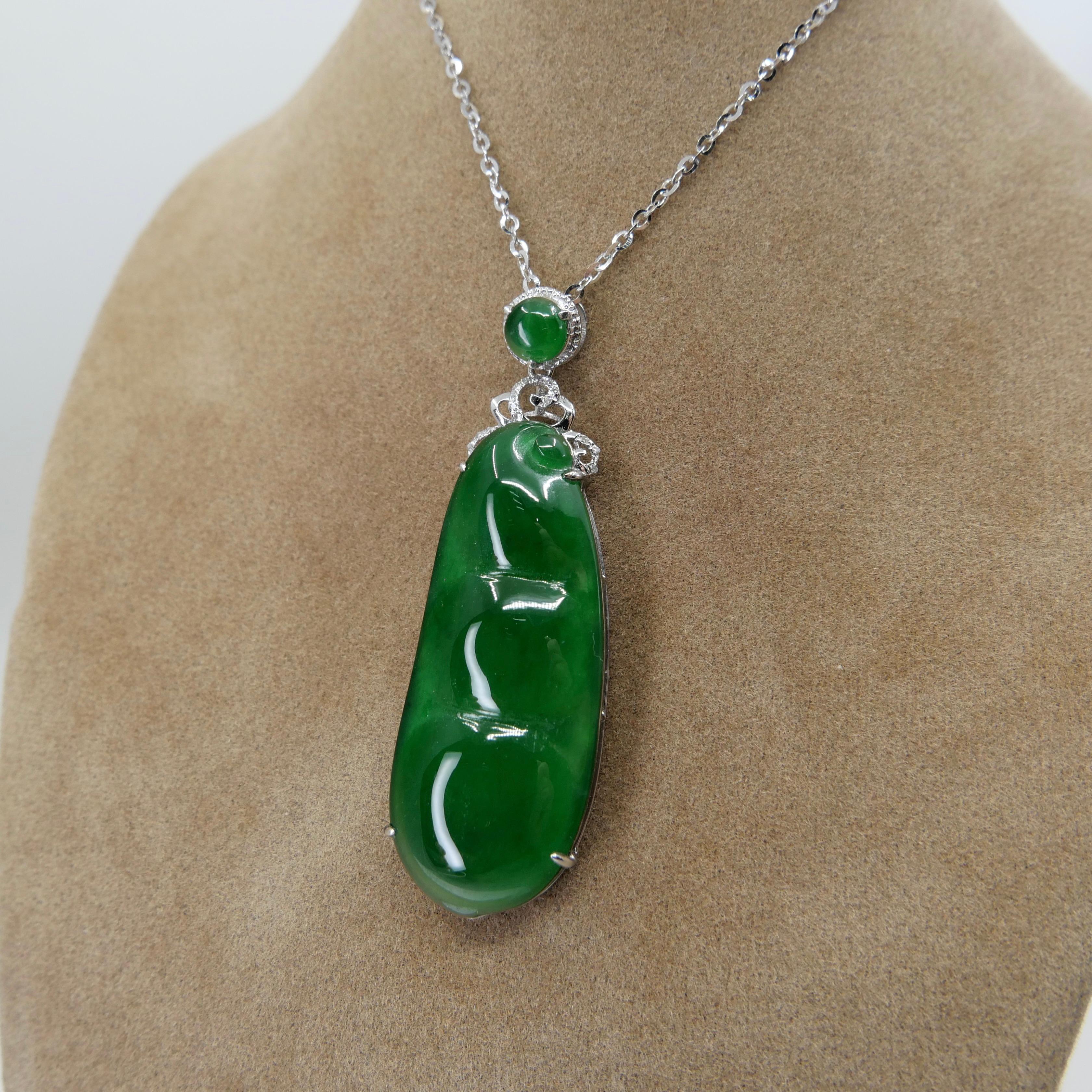 Certified Imperial Jade Peapod & Diamond Pendant Necklace. Substantial Piece.  For Sale 2