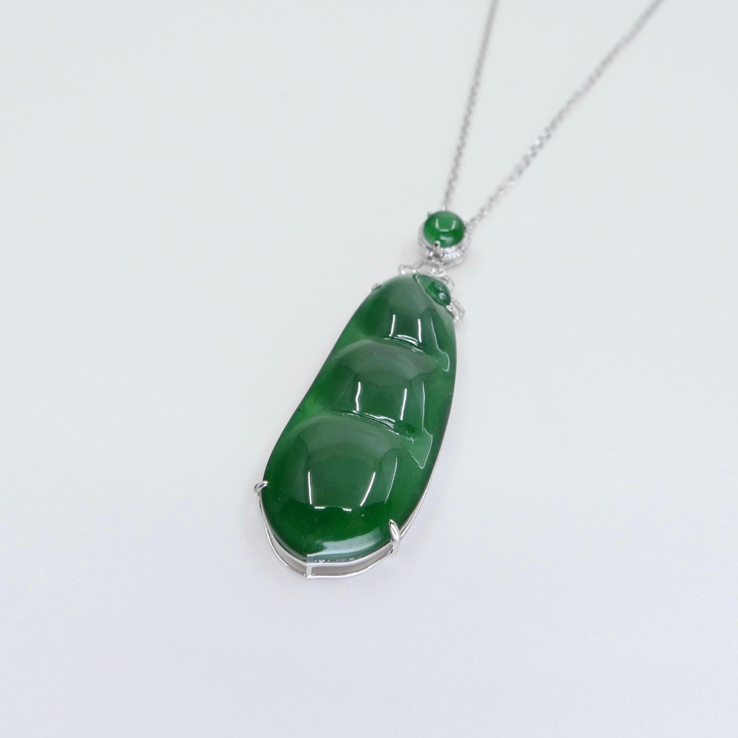 Certified Imperial Jade Peapod & Diamond Pendant Necklace. Substantial Piece.  For Sale 3