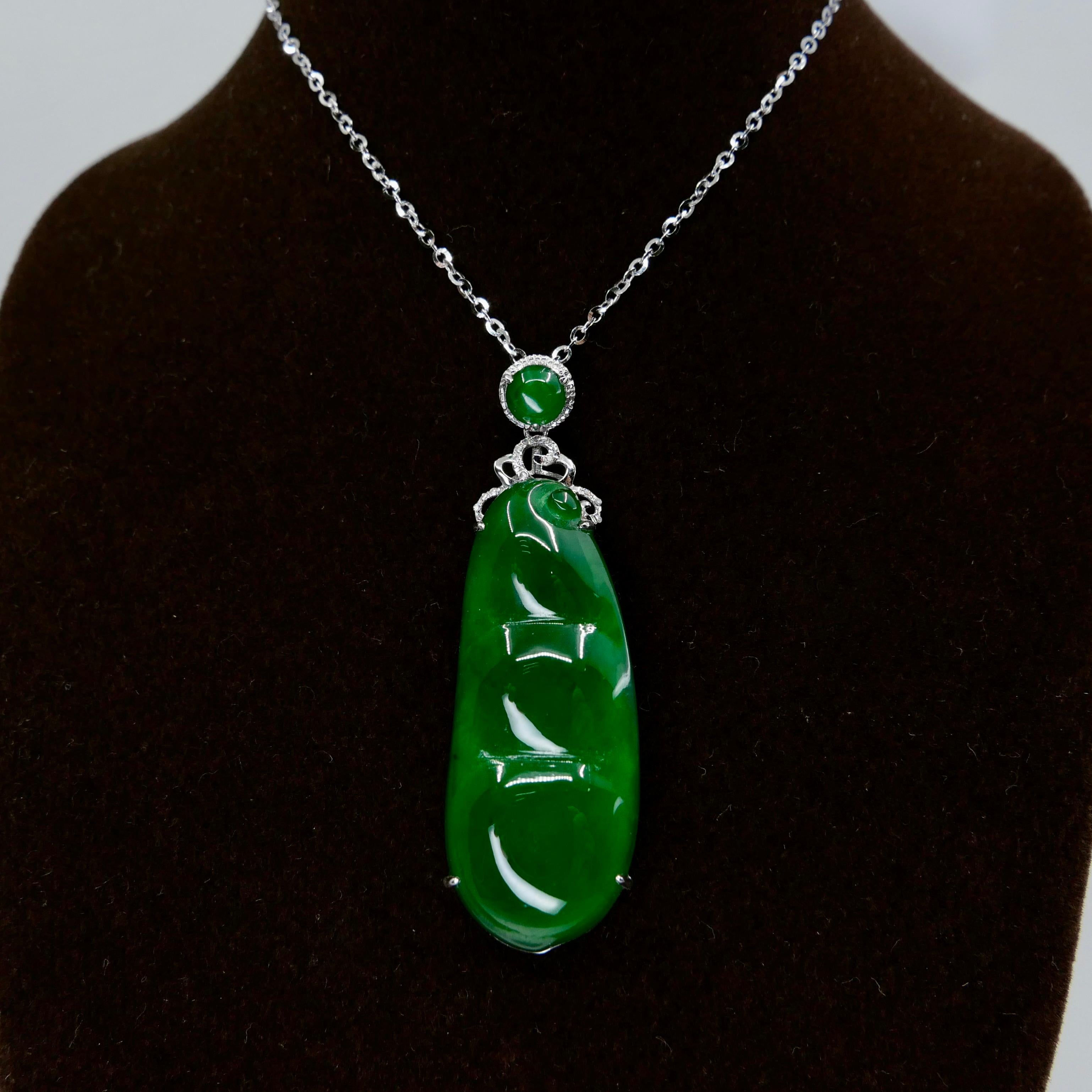 Certified Imperial Jade Peapod & Diamond Pendant Necklace. Substantial Piece.  For Sale 4