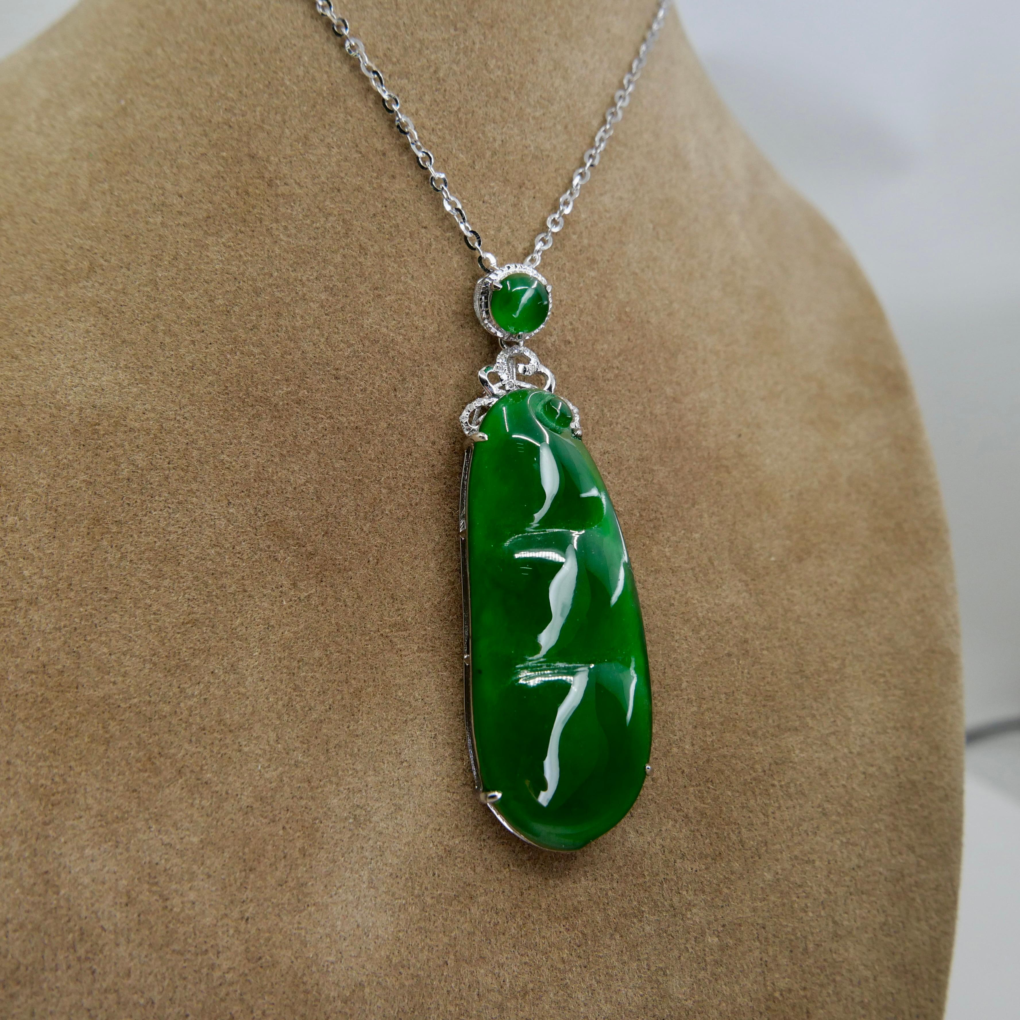 Certified Imperial Jade Peapod & Diamond Pendant Necklace. Substantial Piece.  For Sale 5