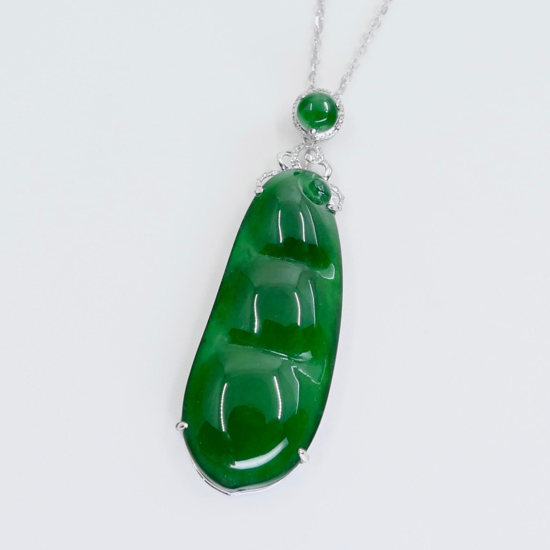 Certified Imperial Jade Peapod & Diamond Pendant Necklace. Substantial Piece.  For Sale 6