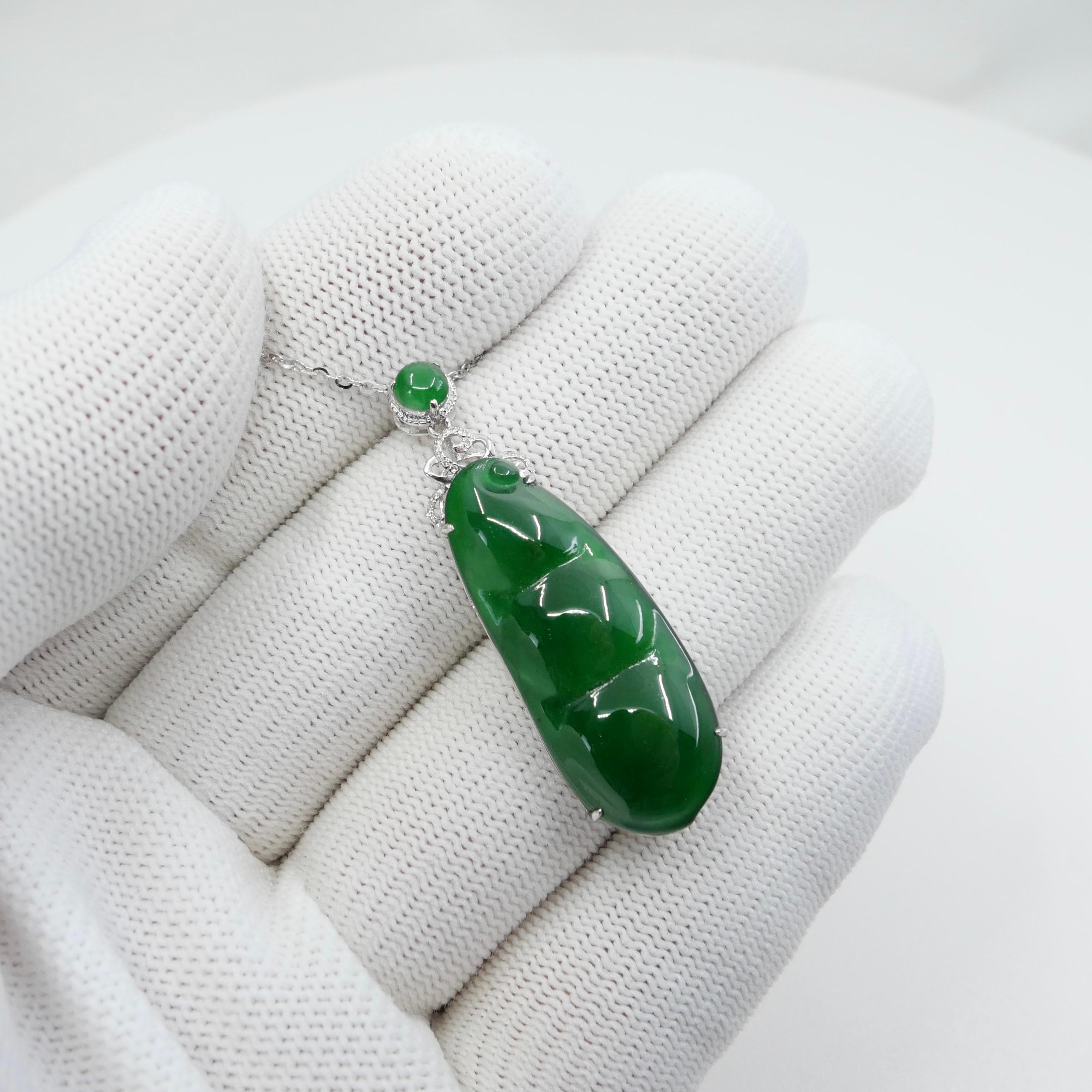 Certified Imperial Jade Peapod & Diamond Pendant Necklace. Substantial Piece.  For Sale 7