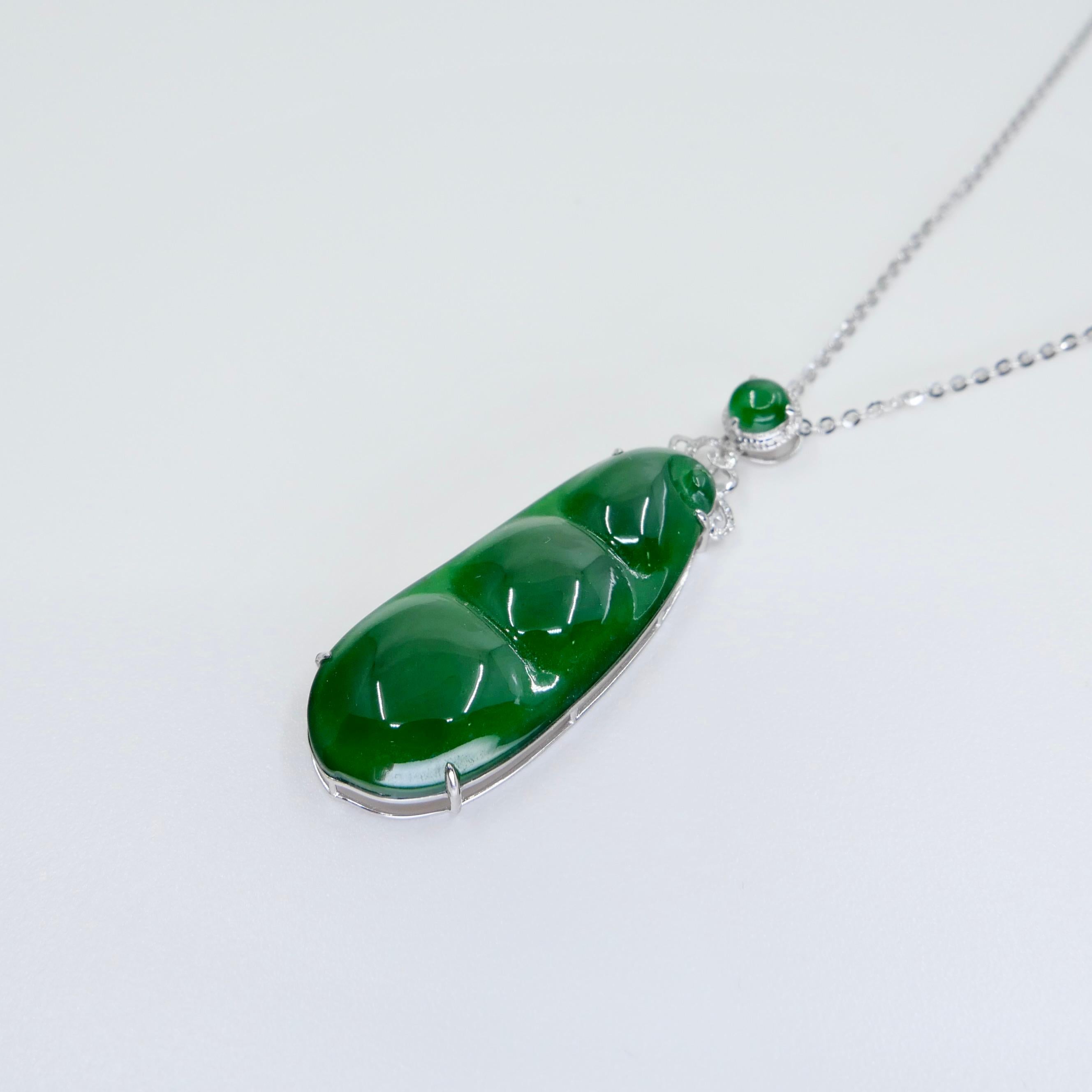 Certified Imperial Jade Peapod & Diamond Pendant Necklace. Substantial Piece.  For Sale 9
