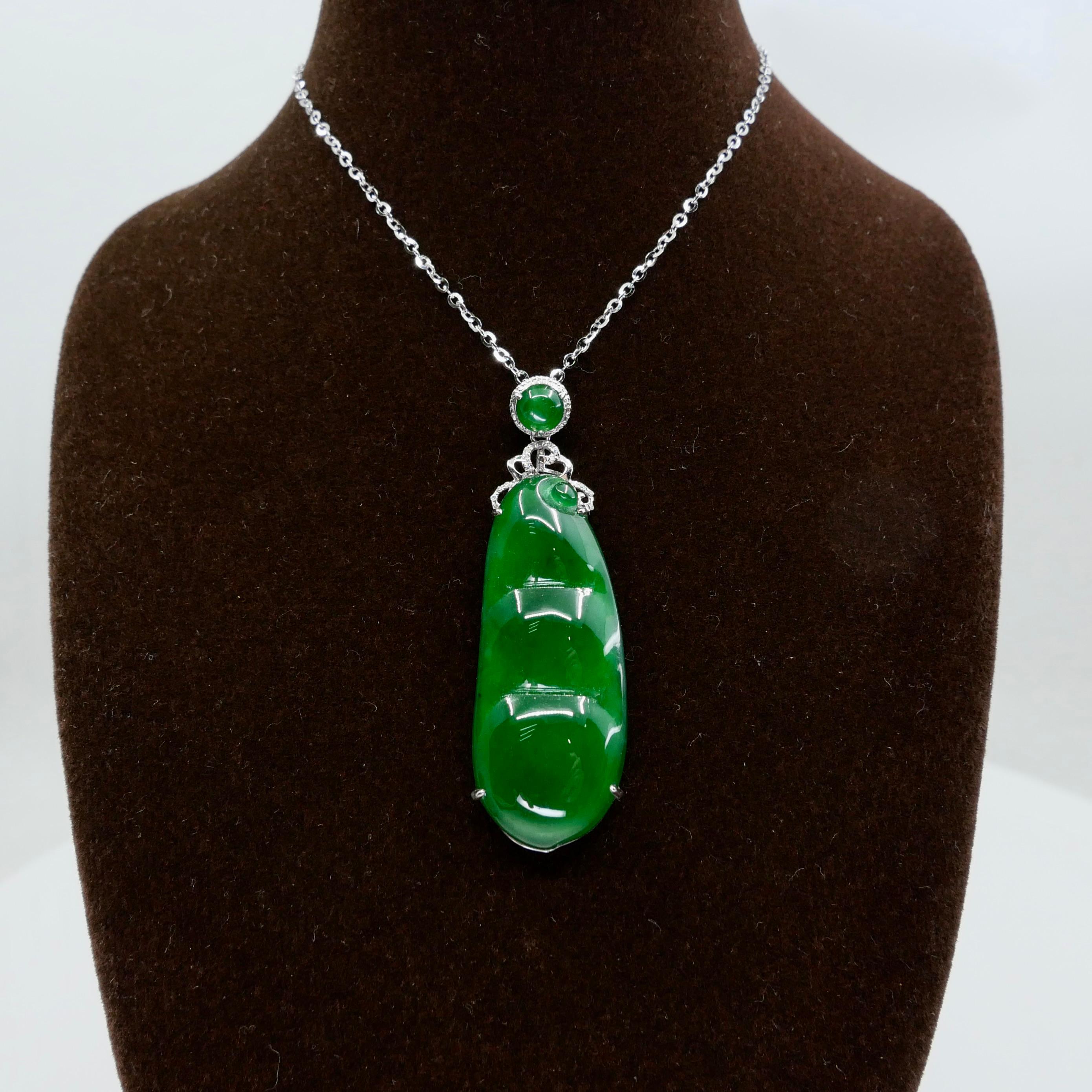 Certified Imperial Jade Peapod & Diamond Pendant Necklace. Substantial Piece.  For Sale 10