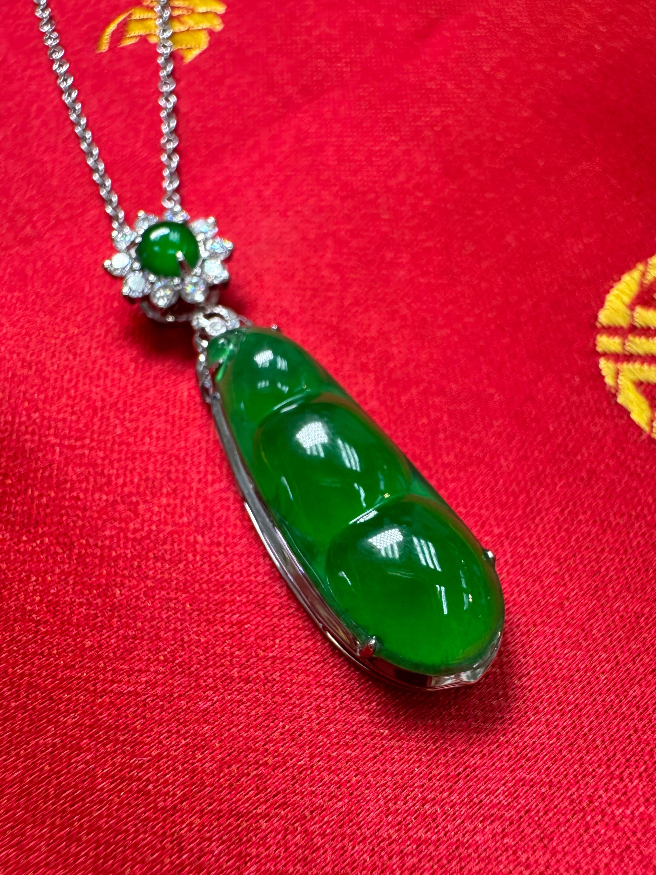 Rough Cut Certified Imperial Jade Peapod & Diamond Pendant Necklace. Substantial Piece. For Sale