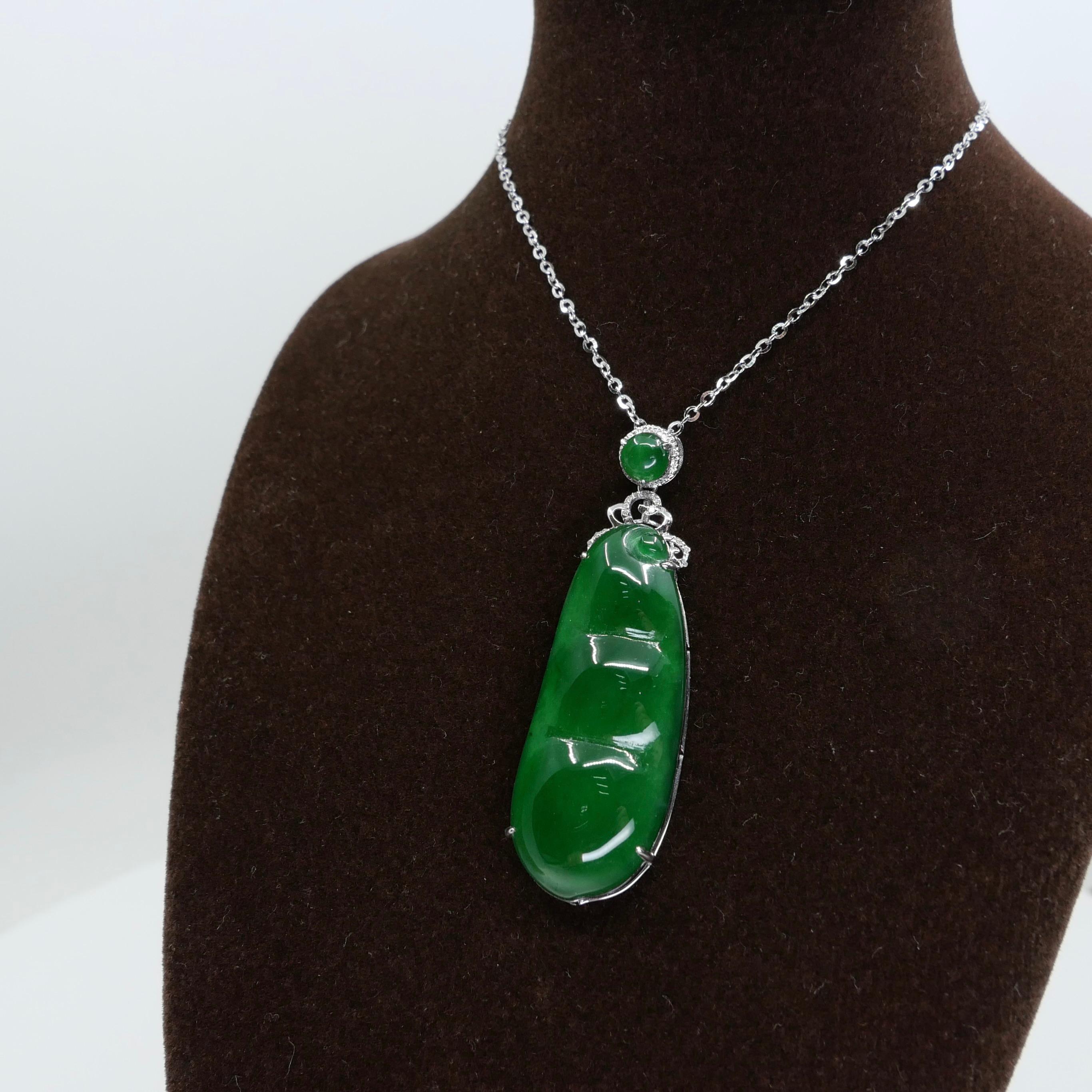 Certified Imperial Jade Peapod & Diamond Pendant Necklace. Substantial Piece.  For Sale 11