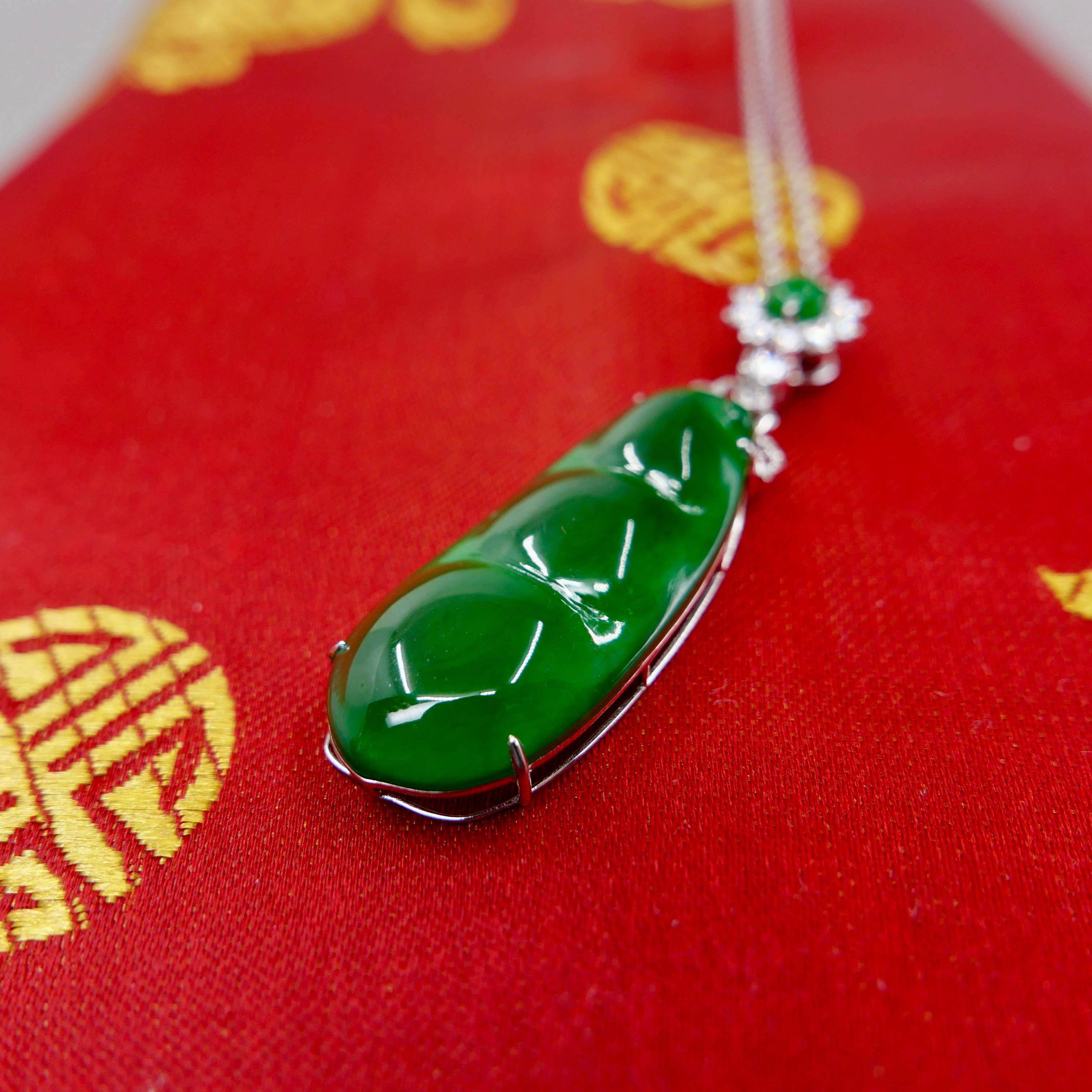 Certified Imperial Jade Peapod & Diamond Pendant Necklace. Substantial Piece. For Sale 7