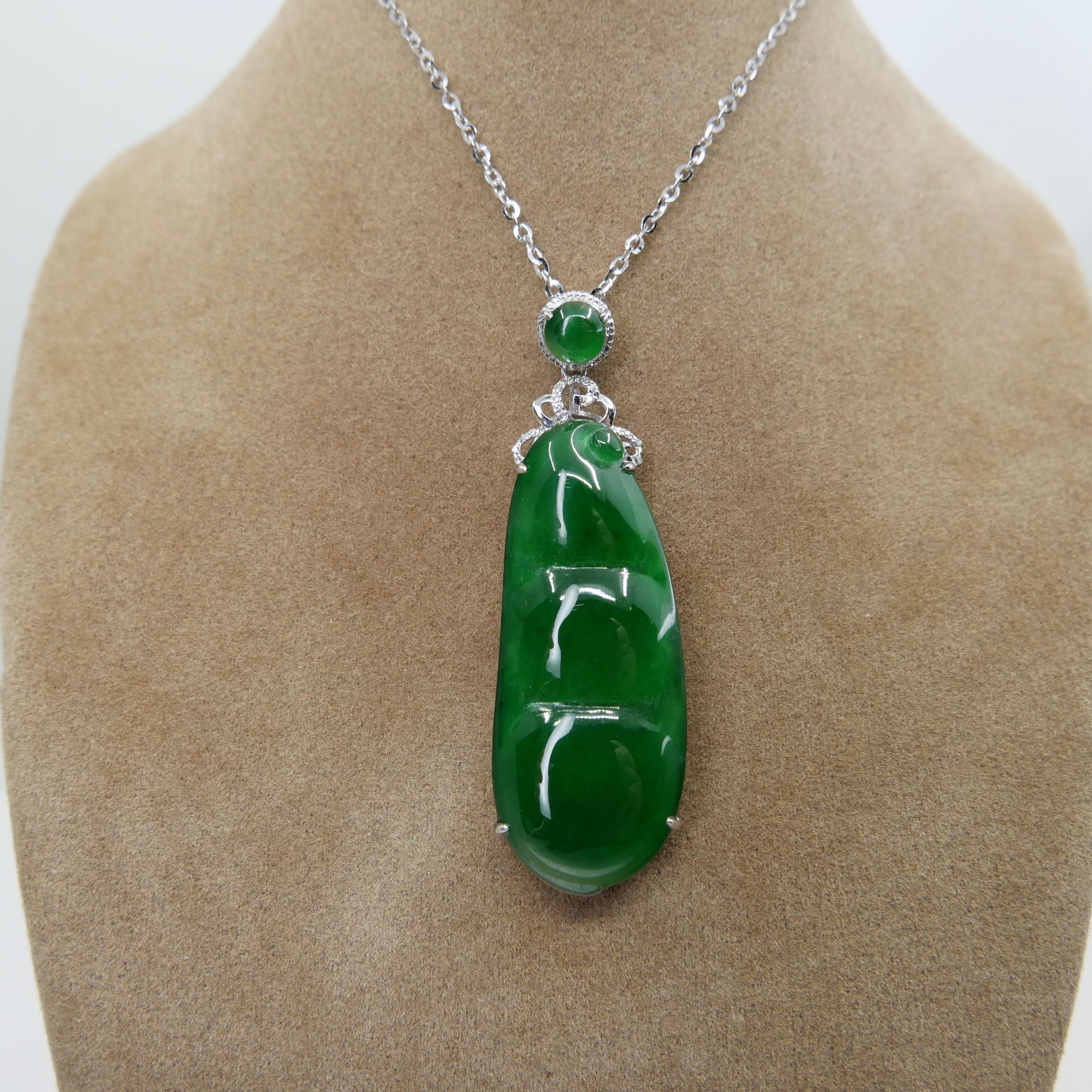 Rough Cut Certified Imperial Jade Peapod & Diamond Pendant Necklace. Substantial Piece.  For Sale
