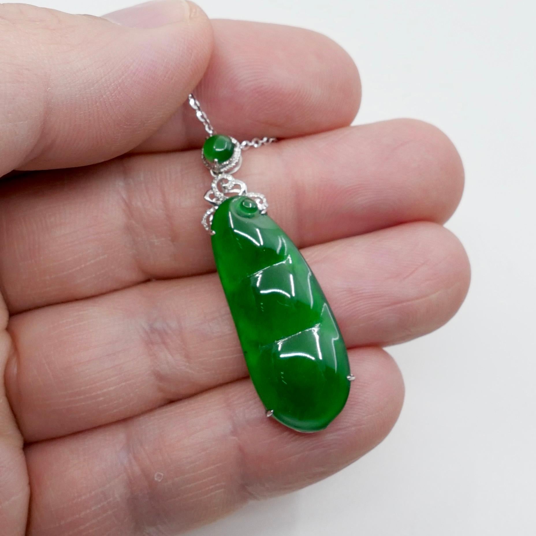 Women's Certified Imperial Jade Peapod & Diamond Pendant Necklace. Substantial Piece.  For Sale
