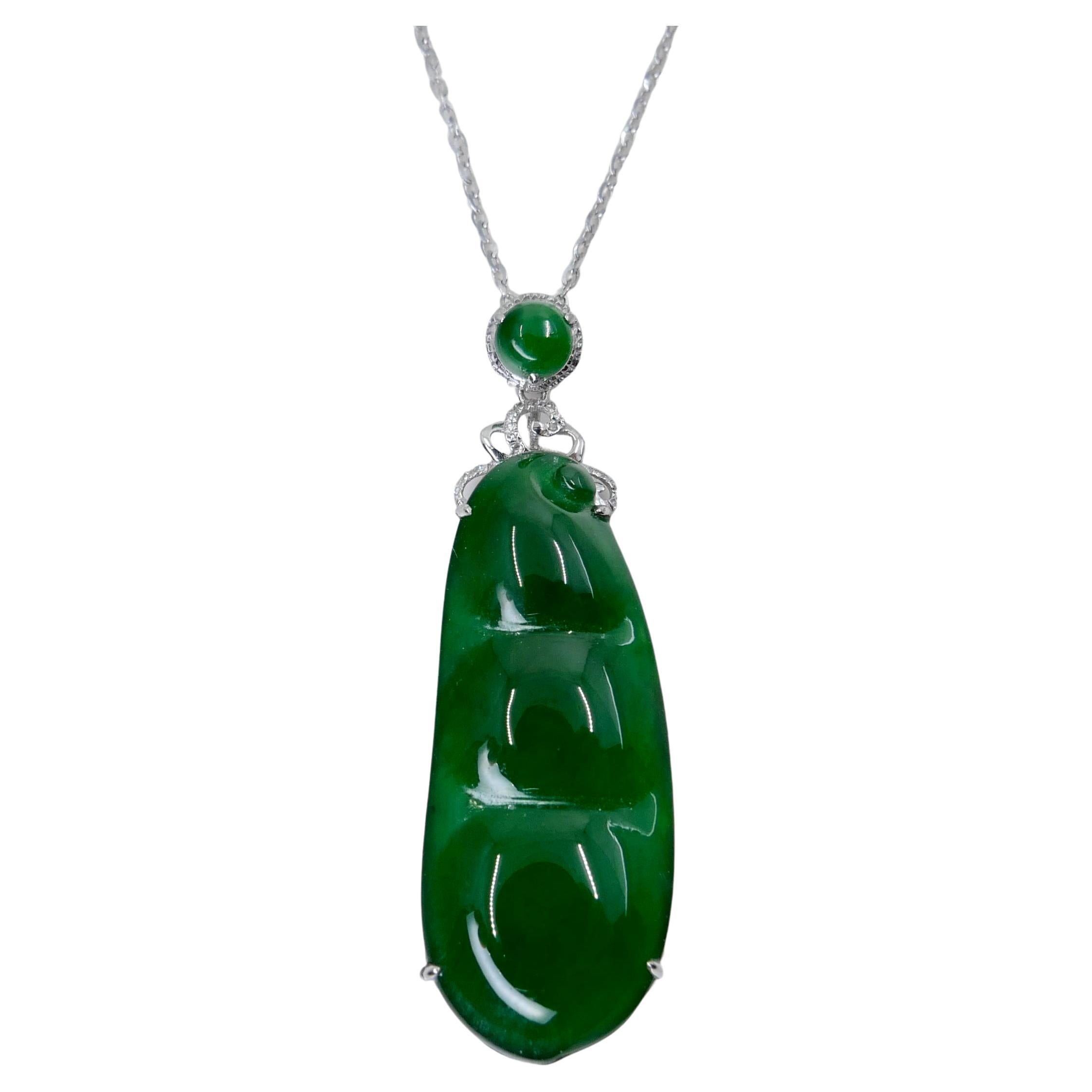 Certified Imperial Jade Peapod & Diamond Pendant Necklace. Substantial Piece.  For Sale
