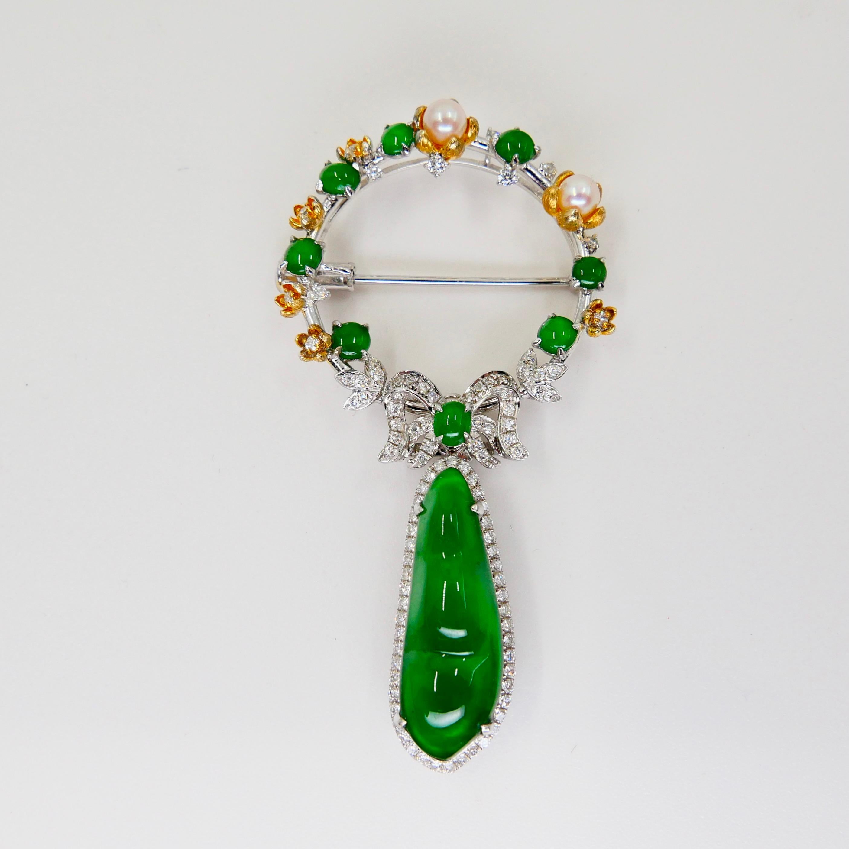 Women's Certified Imperial Jade, Pearl, Diamond Pendant / Brooch, Wear 5 Different Ways For Sale
