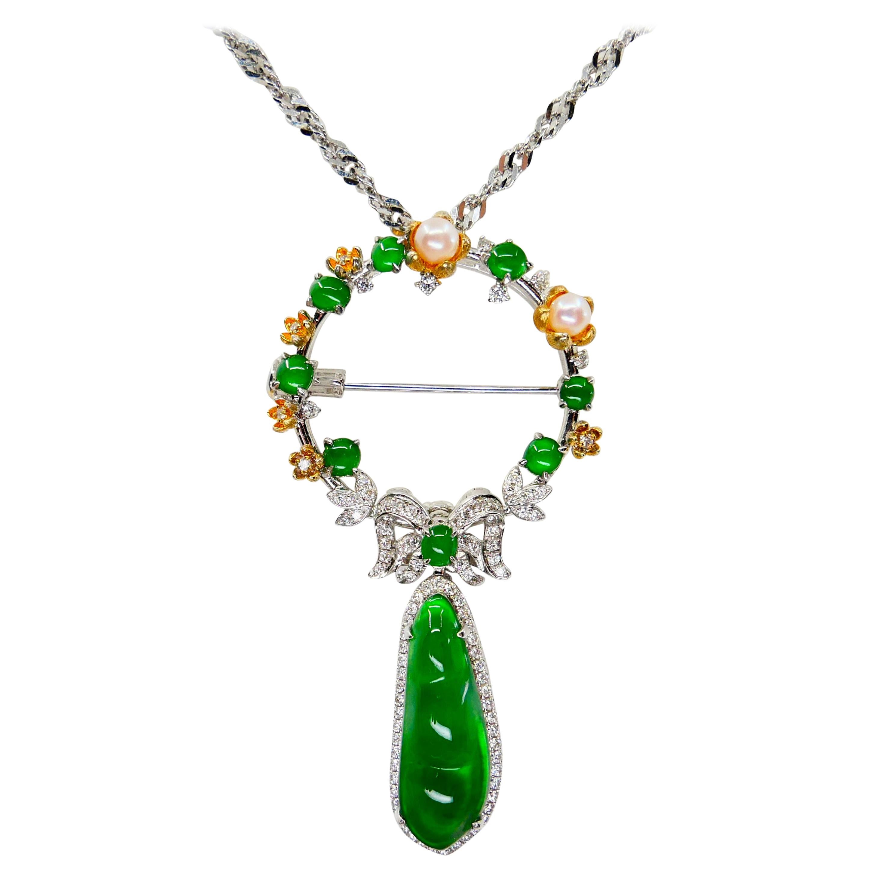 Certified Imperial Jade, Pearl, Diamond Pendant / Brooch, Wear 5 Different Ways