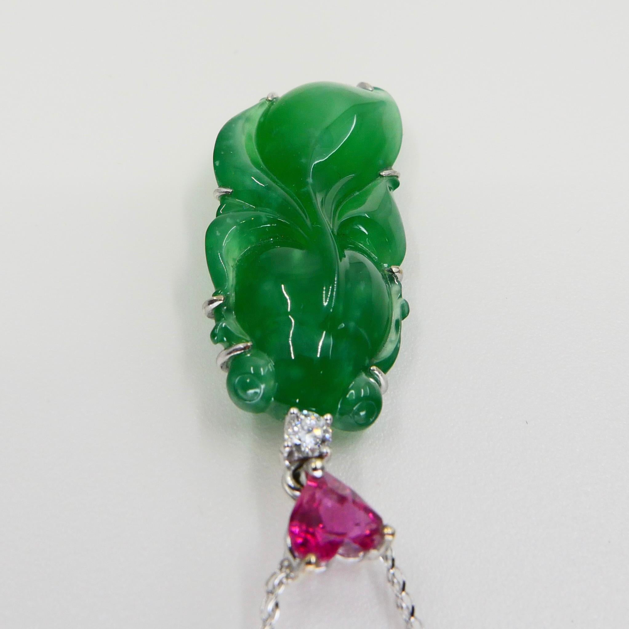 Certified Imperial Jade 20 Carats, Pink Tourmaline & Diamond Goldfish Pendant. For Sale 9