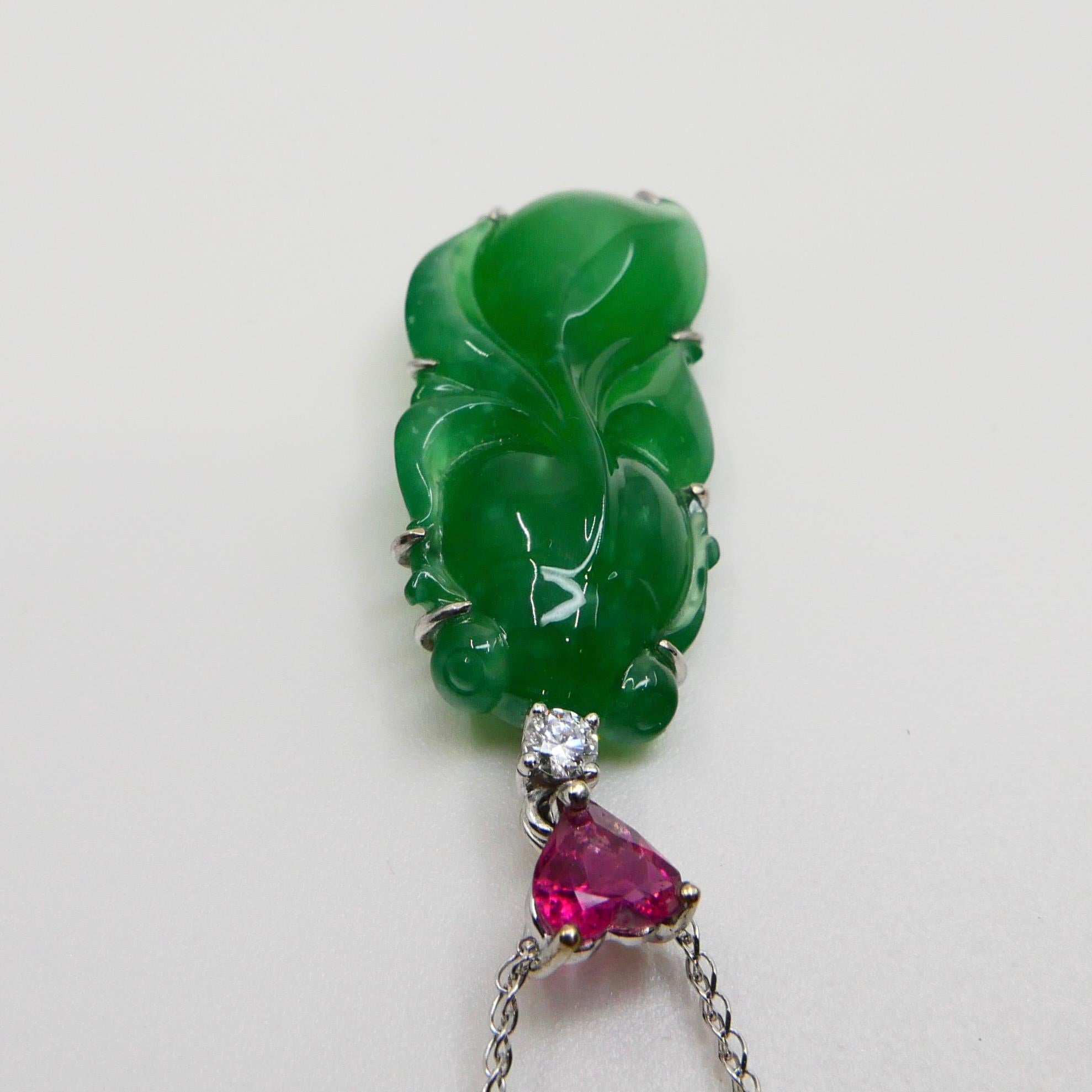 Certified Imperial Jade 20 Carats, Pink Tourmaline & Diamond Goldfish Pendant. In New Condition For Sale In Hong Kong, HK