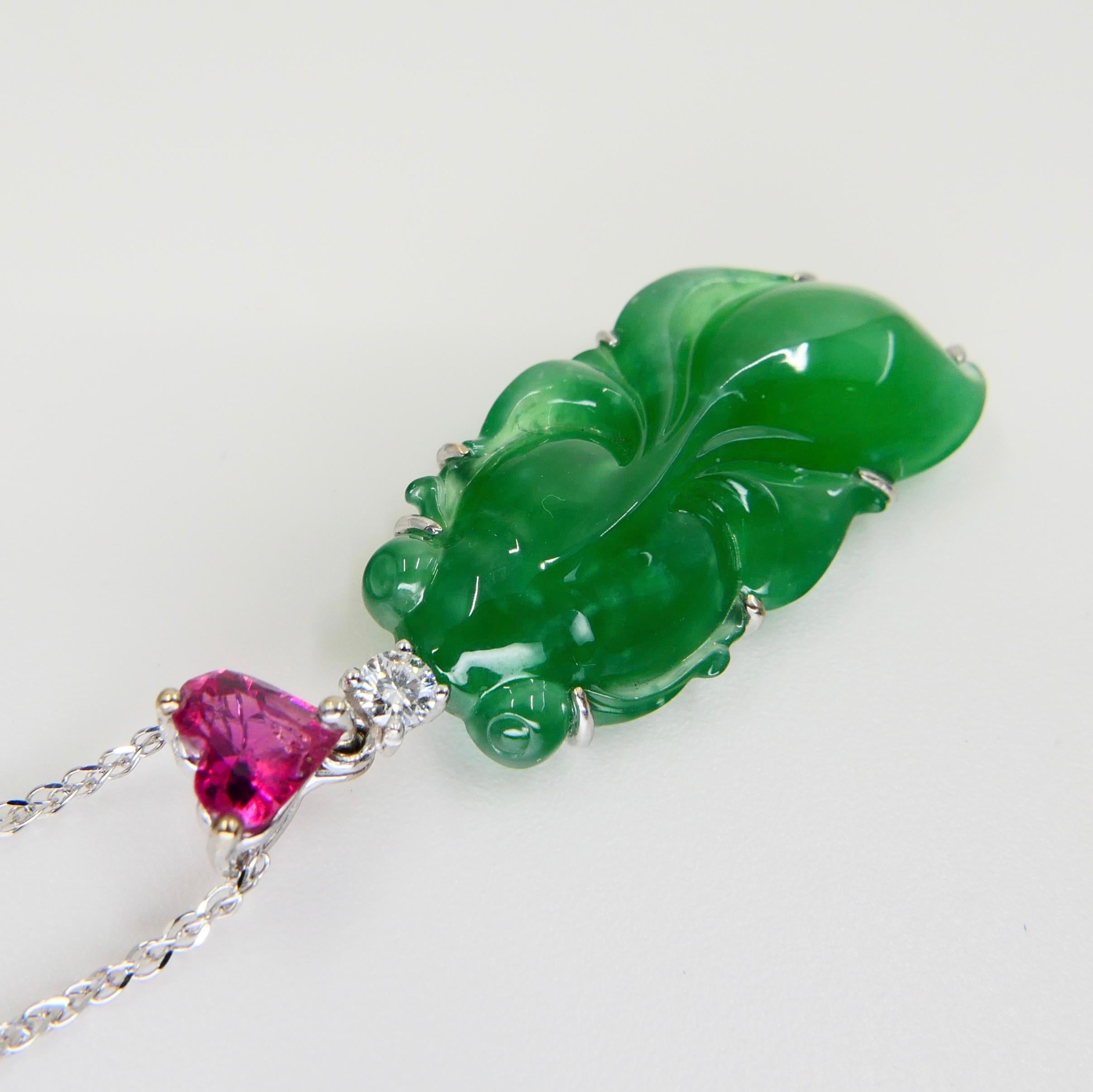 Certified Imperial Jade 20 Carats, Pink Tourmaline & Diamond Goldfish Pendant. For Sale 1