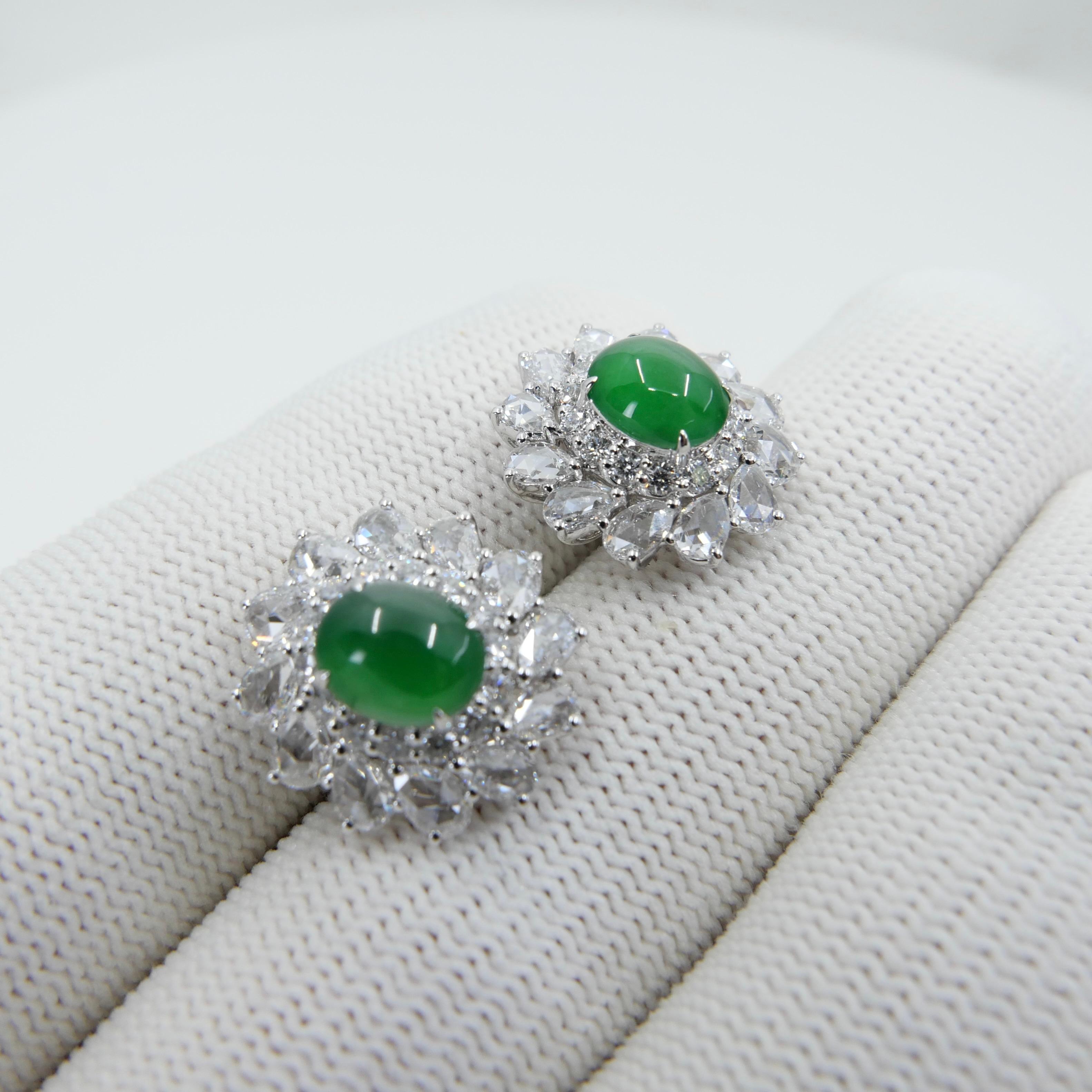 Certified Imperial Jade & Rose Cut Diamond Stud Earrings. Best Glowing Green. For Sale 4