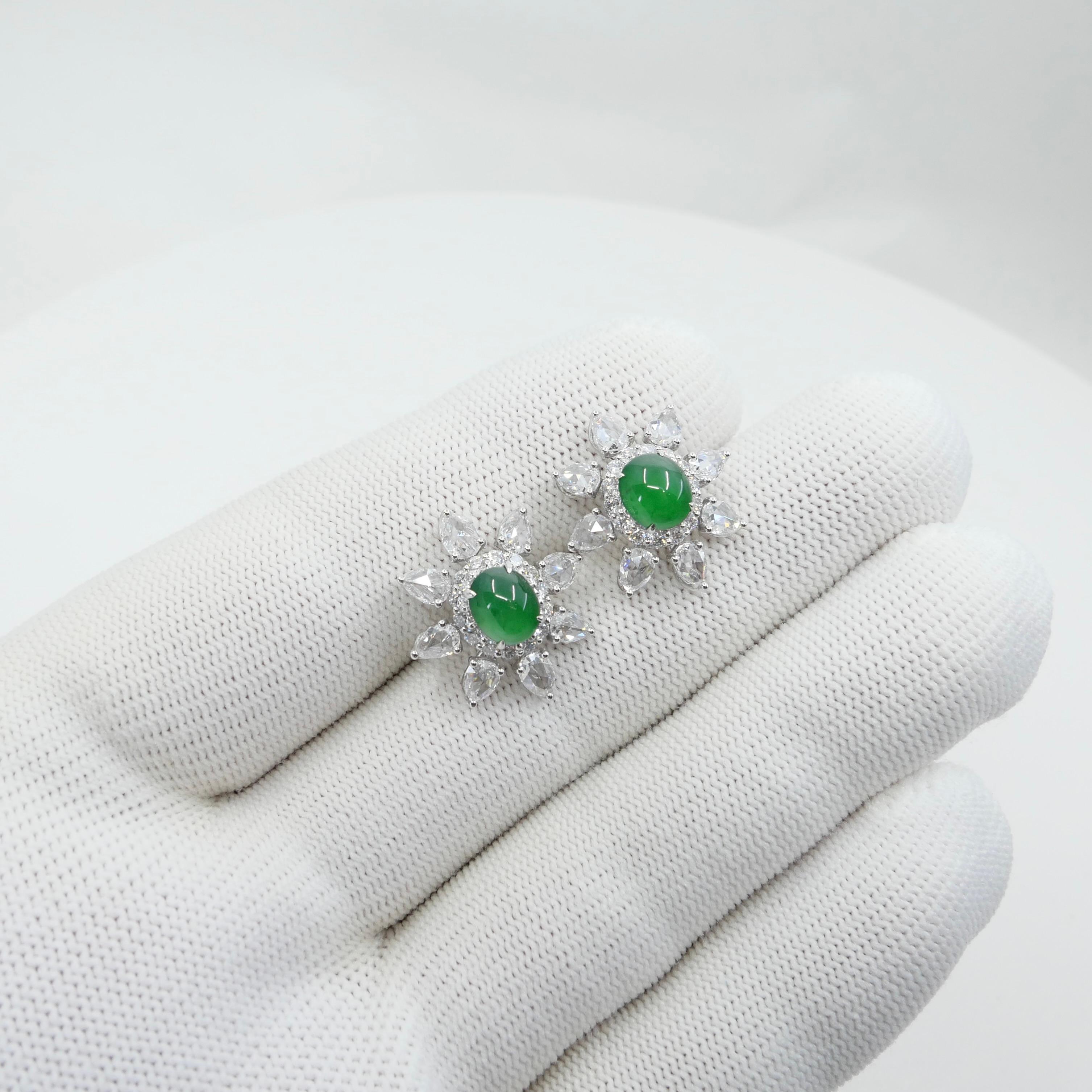 Certified Imperial Jade & Rose Cut Diamond Stud Earrings. Best Glowing Green. For Sale 5