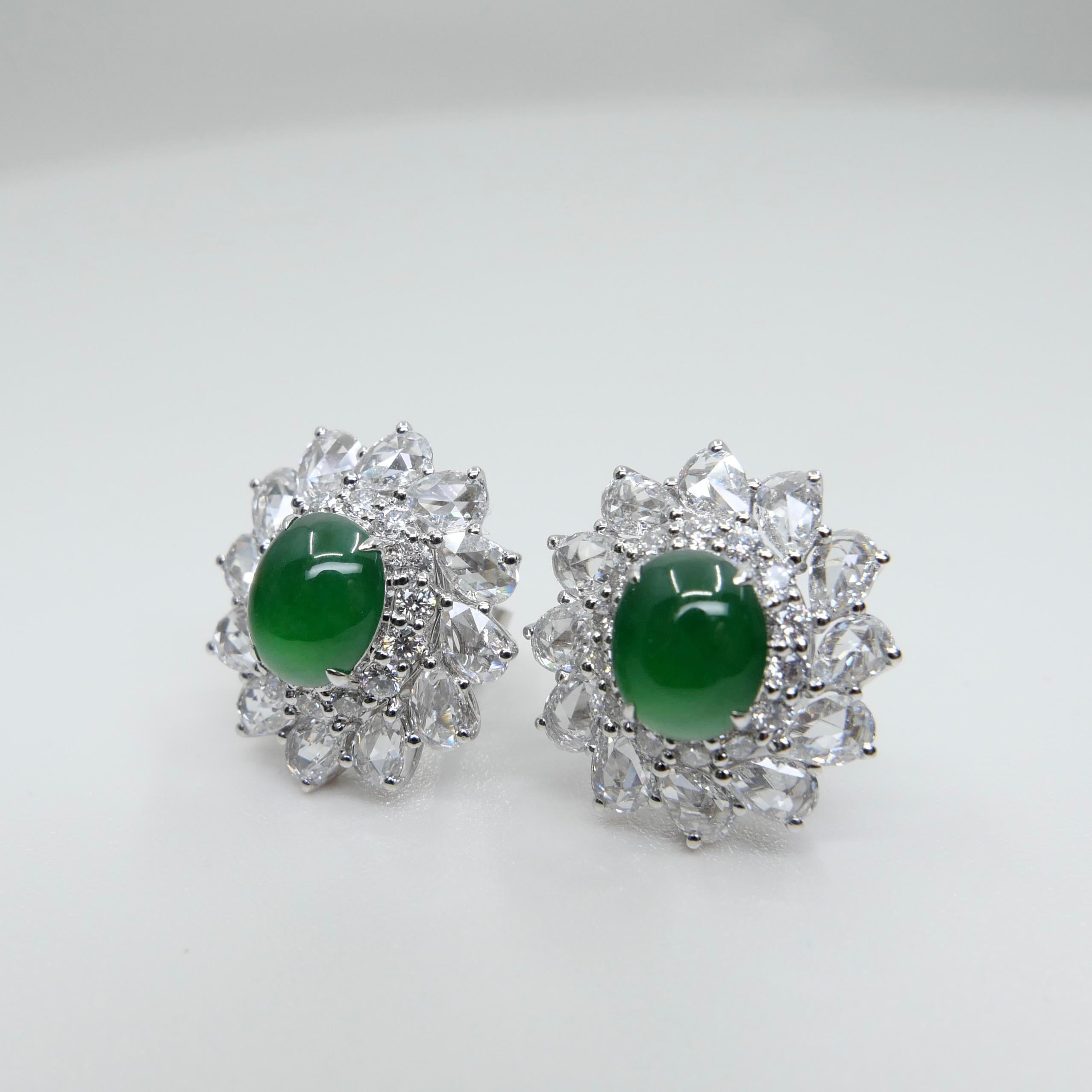 Certified Imperial Jade & Rose Cut Diamond Stud Earrings. Best Glowing Green. For Sale 6
