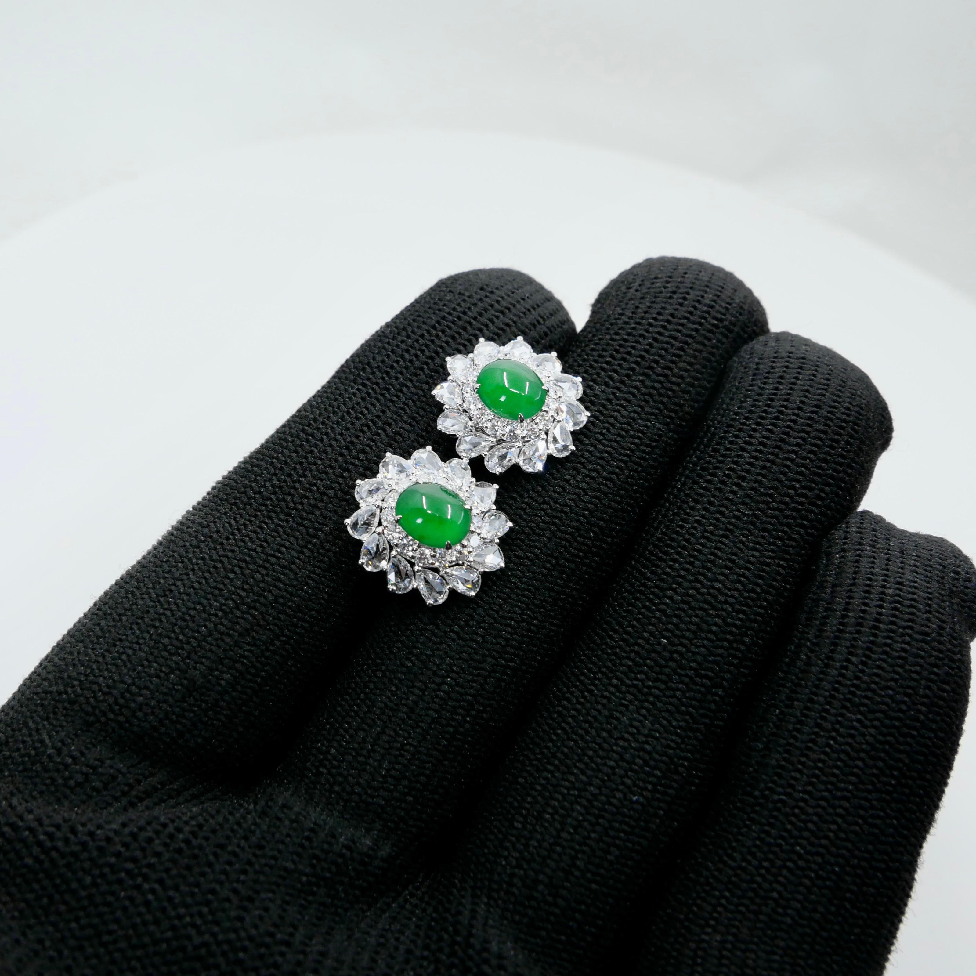 Certified Imperial Jade & Rose Cut Diamond Stud Earrings. Best Glowing Green. For Sale 7
