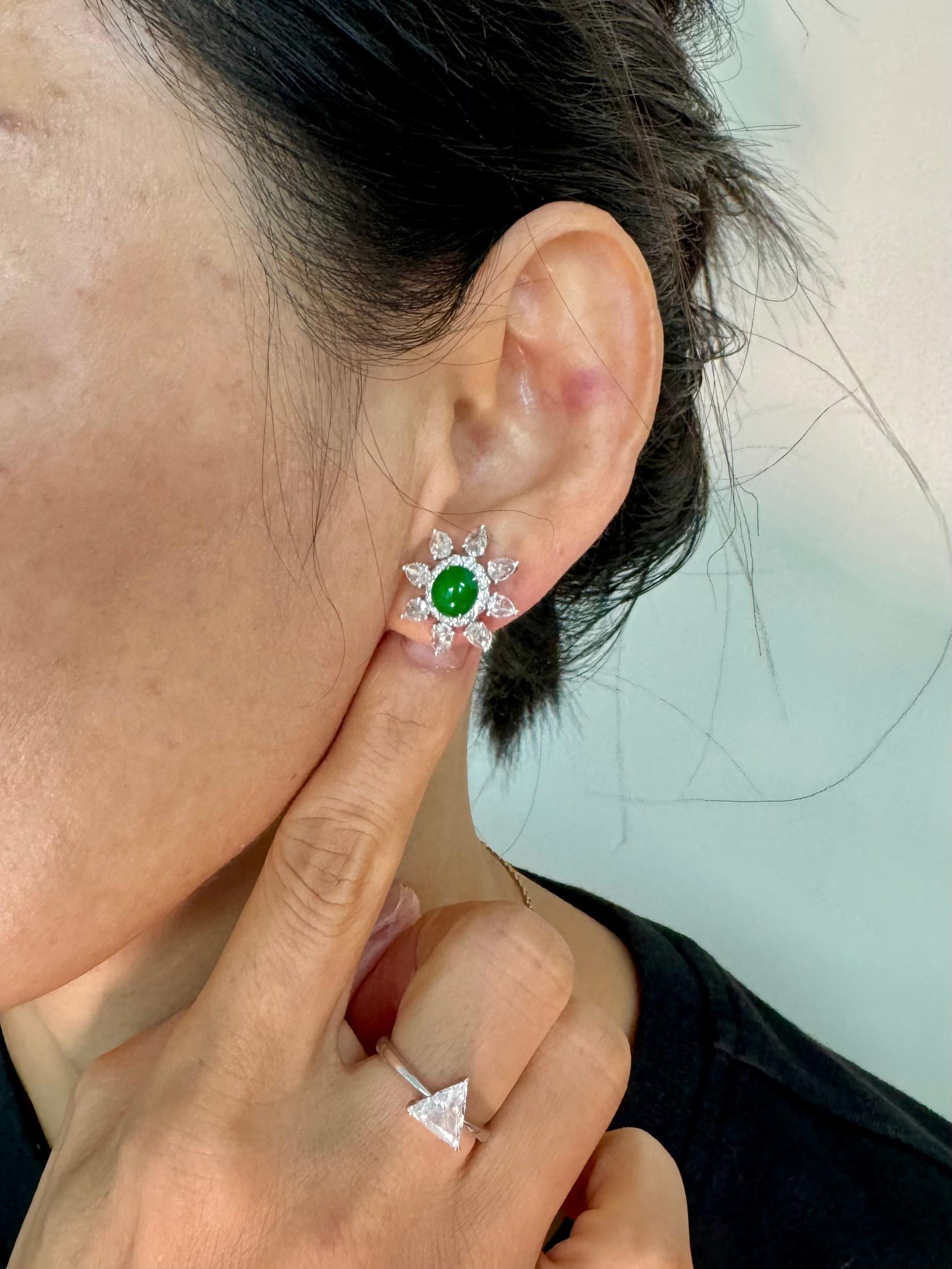 Certified Imperial Jade & Rose Cut Diamond Stud Earrings. Best Glowing Green. For Sale 8