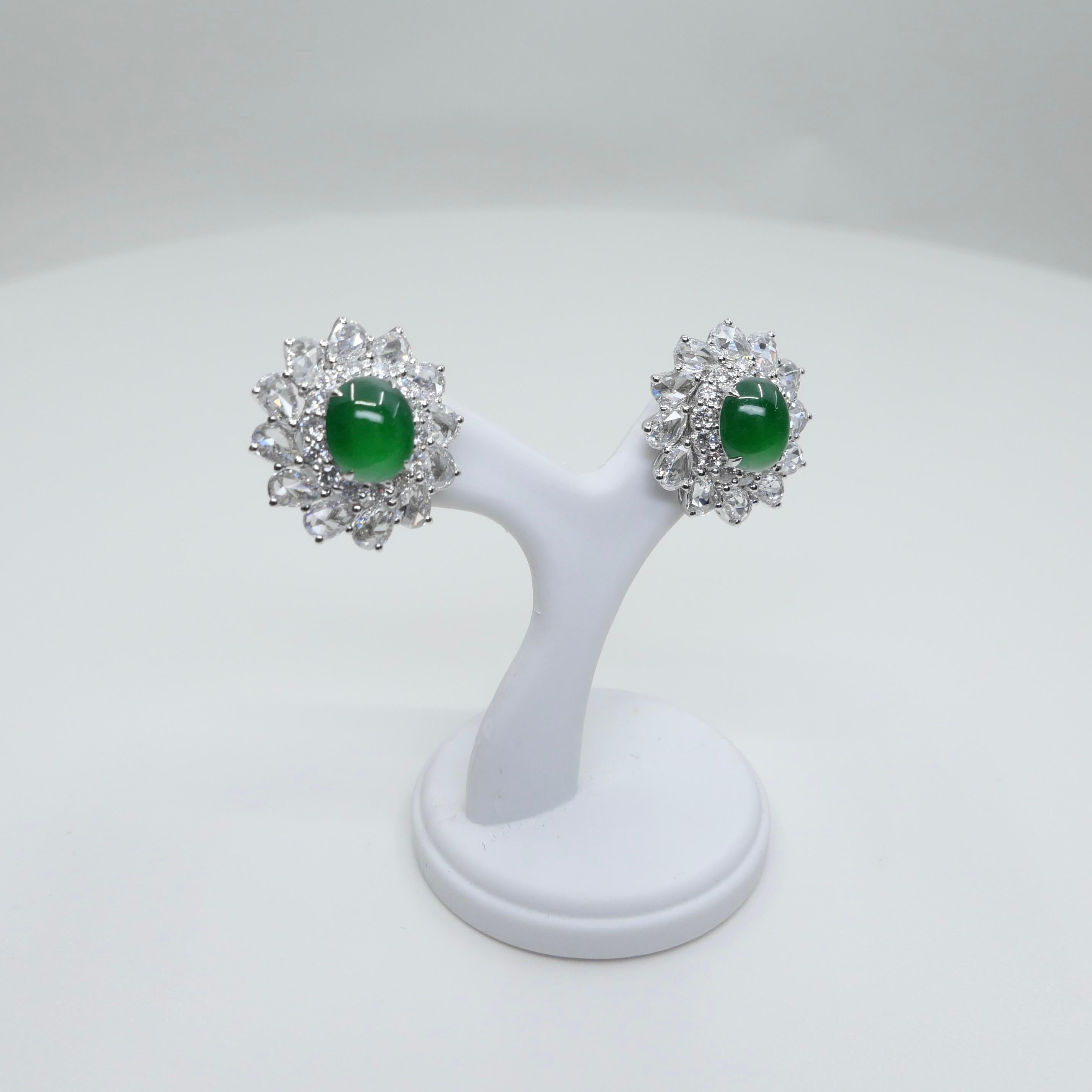 Certified Imperial Jade & Rose Cut Diamond Stud Earrings. Best Glowing Green. For Sale 8