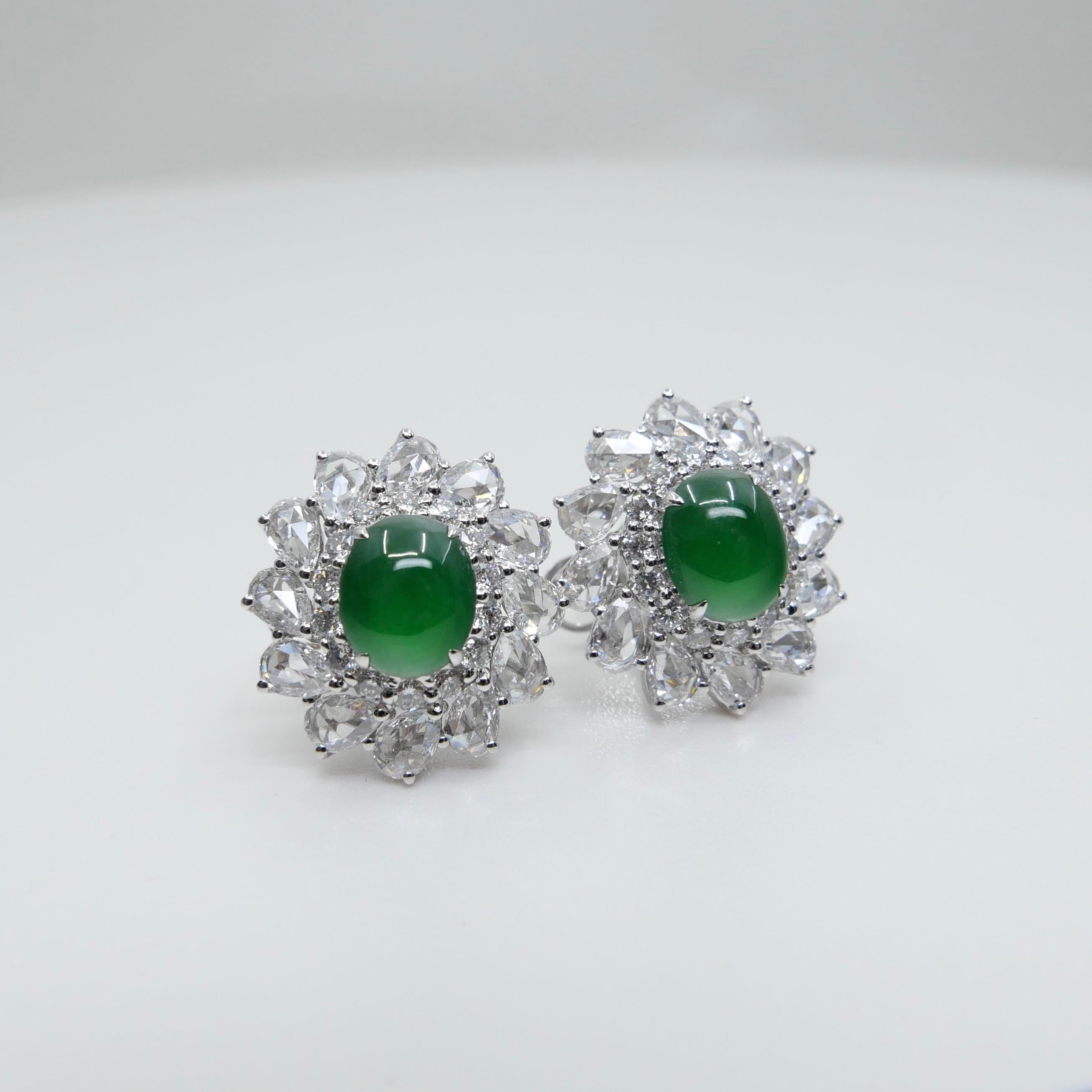 Certified Imperial Jade & Rose Cut Diamond Stud Earrings. Best Glowing Green. For Sale 9