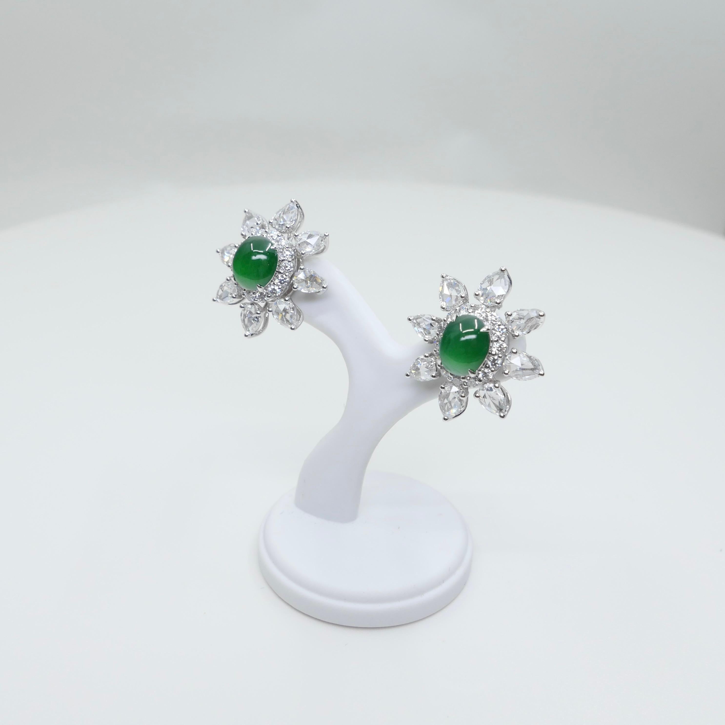 Certified Imperial Jade & Rose Cut Diamond Stud Earrings. Best Glowing Green. For Sale 10